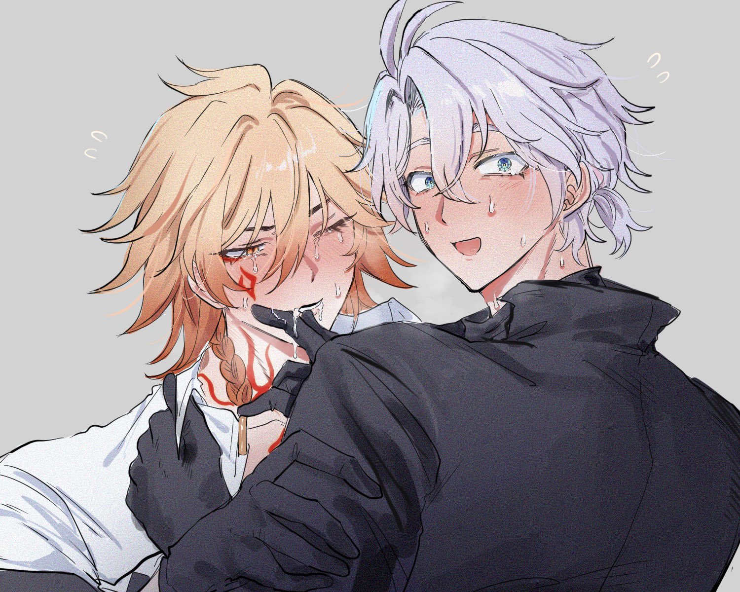 mydei (honkai: star rail), phainon (fashion) (honkai: star rail), phainon (honkai: star rail), honkai: star rail, honkai (series), commentary request, highres, 2boys, antenna hair, arm tattoo, black shirt, blonde hair, blue eyes, blush, braid, chest tattoo, collared shirt, facial tattoo, gradient hair, grey background, male focus, medium hair, multicolored hair, multiple boys, official alternate costume, open mouth, parted bangs, red hair, red tattoo, shirt, short hair, side braid, suggestive fluid, sweat, tattoo, tears, tyamesi s t r, white hair, white shirt, wiping mouth, yaoi, yellow eyes