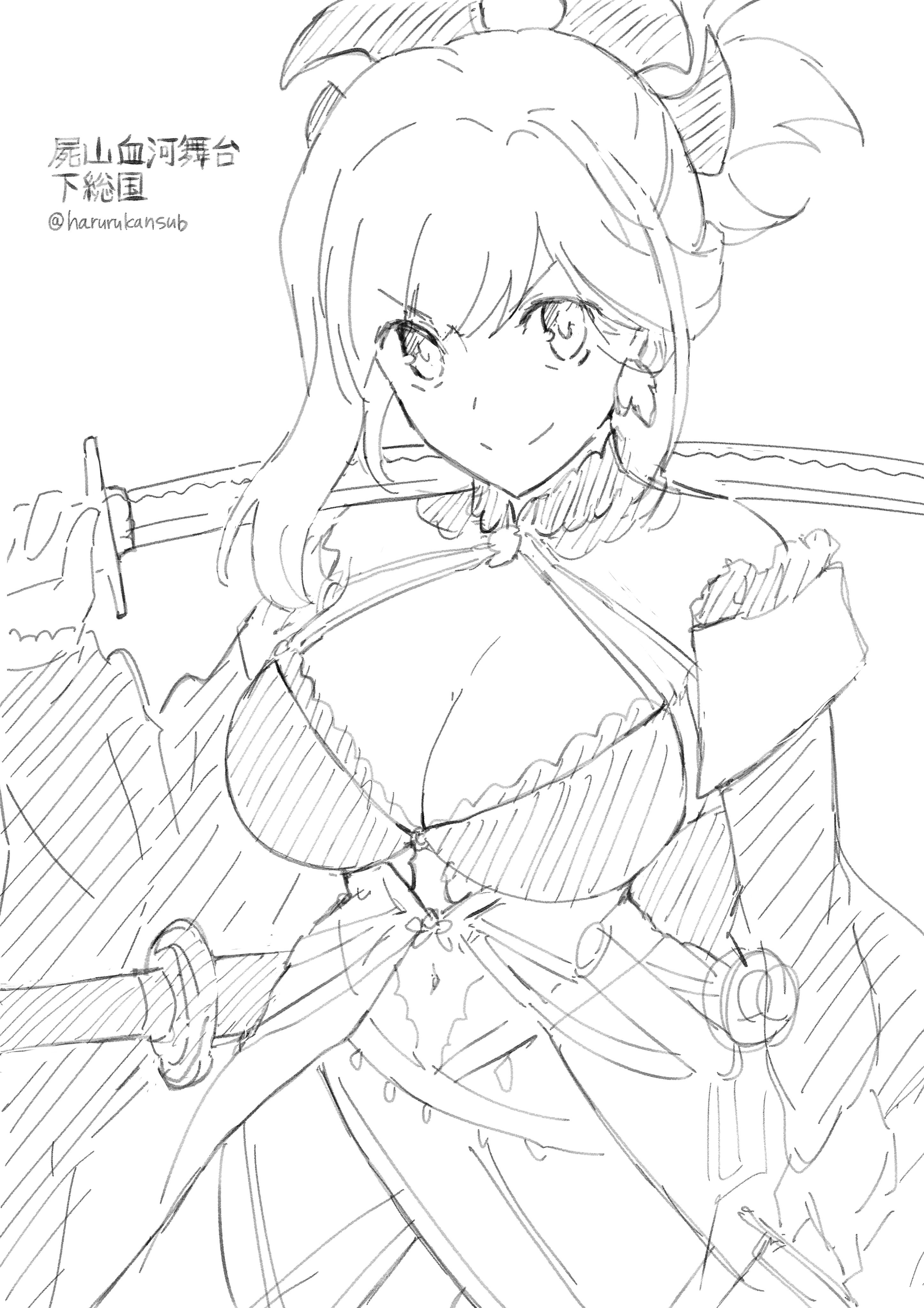 harurukan, miyamoto musashi (fate), miyamoto musashi (third ascension) (fate), fate/grand order, fate (series), absurdres, commentary request, highres, 1girl, bare shoulders, breasts, cleavage, closed mouth, detached sleeves, earrings, hair ornament, holding, holding sword, holding weapon, japanese clothes, jewelry, katana, kimono, large breasts, looking at viewer, monochrome, navel, sketch, smile, solo, swept bangs, sword, weapon