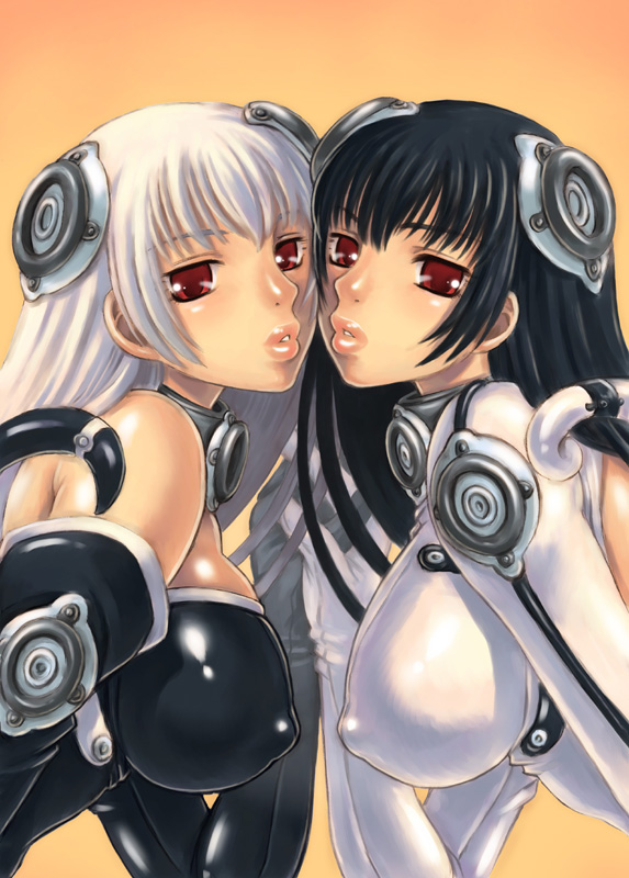 kanesada keishi, original, 2girls, black hair, bodysuit, breasts, covered erect nipples, holding hands, huge breasts, lips, multiple girls, red eyes, simple background, white hair, yuri