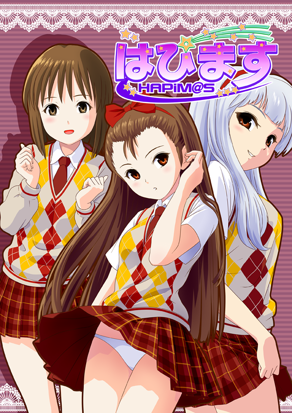 ponnetsu, hagiwara yukiho, minase iori, shijou takane, idolmaster, idolmaster (classic), silver hair, 00s, brown eyes, brown hair, clothes lift, long hair, panties, pantyshot, school uniform, short hair, skirt, skirt lift, sweater, underwear, upskirt