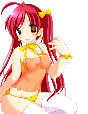 lowres, 1girl, breasts, brown eyes, female focus, long hair, panties, red hair, solo, thighhighs, twintails, underwear, white thighhighs