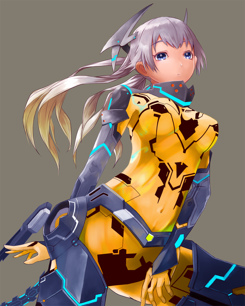 zelsius, phantasy star, phantasy star online 2, 1girl, blue eyes, bodysuit, breasts, grey background, grey hair, grey horns, horns, impossible bodysuit, impossible clothes, long hair, multicolored hair, sakanobekurobee, segmented tail, skin tight, solo, standing, twintails, yellow bodysuit