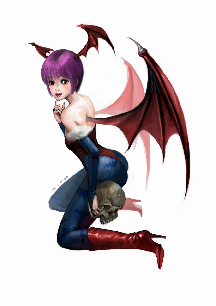 hanboo teki suika, lilith (darkstalkers), capcom, darkstalkers, highres, 1girl, animal print, ass, bare shoulders, bat print, bat wings, blush, boots, demon girl, female focus, finger to mouth, flat chest, head wings, high heels, kneeling, leotard, lips, panties, pantyhose, print pantyhose, purple hair, red eyes, red leotard, shoes, short hair, skull, solo, thong, underwear, wings