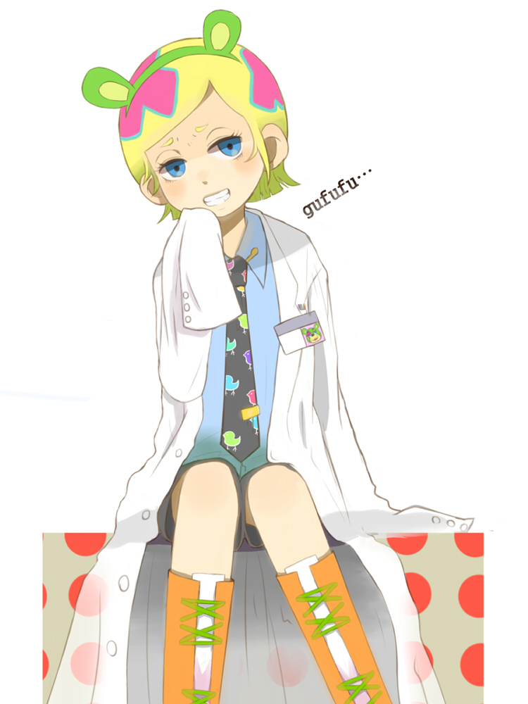 irabu ichirou, kuuchuu buranko, 00s, 1boy, animal ears, boots, crossdressing, crossdressing (mtf), doctor, hairband, lab coat, male focus, necktie, polka dot, shorts, sitting, solo, trap