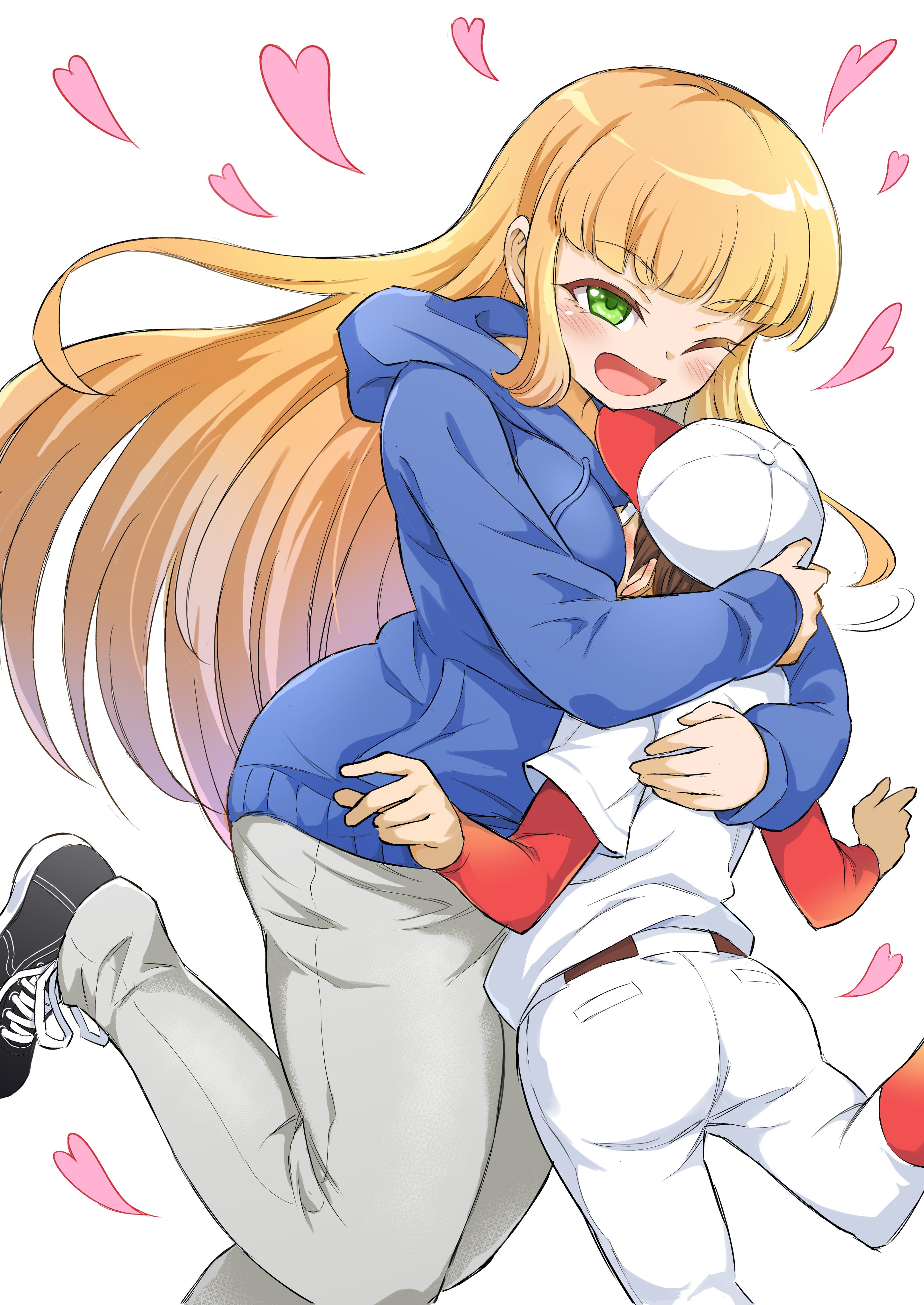 natsume jun, jikkyou powerful pro yakyuu, power pro kun pocket, power pro kun pocket 14, absurdres, commentary request, highres, 1boy, 1girl, age difference, baseball cap, baseball uniform, between breasts, black shoes, blonde hair, blue hoodie, breast smother, breasts, brown hair, face to breasts, green eyes, grey pants, hat, head between breasts, hood, hoodie, hug, long hair, one eye closed, onee-shota, pants, pawahotel3021, shoes, sportswear, standing, standing on one leg, white background
