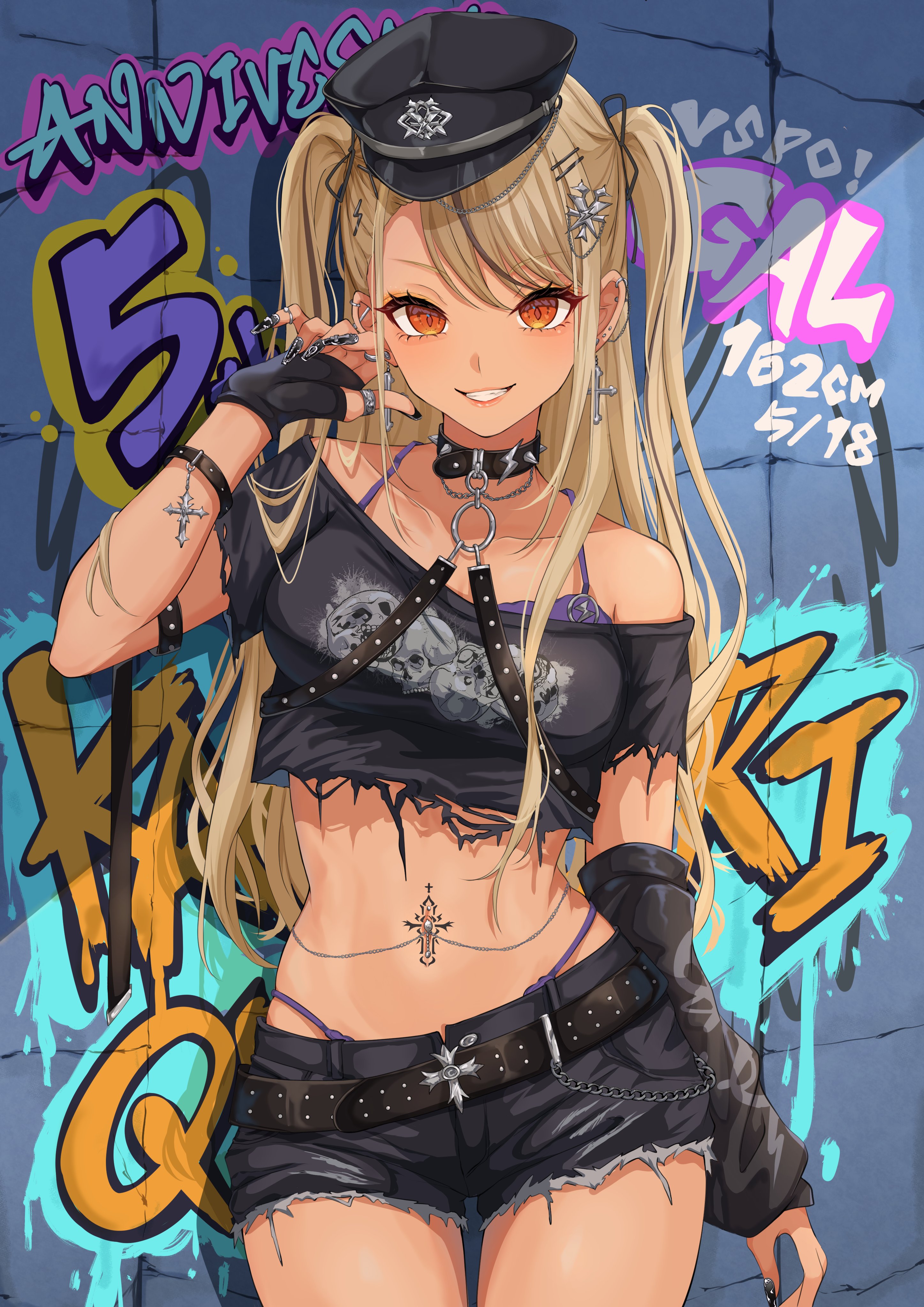 miya ( 32miya107), kaminari qpi, vspo!, absurdres, commentary request, highres, 1girl, arm belt, arm warmers, belly chain, belt, black arm warmers, black gloves, black hat, black shirt, black shorts, blonde hair, bra, bracelet, character name, collarbone, copyright name, cowboy shot, cropped shirt, cross, cross earrings, cutoffs, ear piercing, earrings, fingerless gloves, gloves, graffiti, grin, gyaru, hair ornament, hairclip, hat, impossible clothes, impossible shirt, jewelry, long hair, nail art, off-shoulder shirt, off shoulder, orange eyes, panties, panty straps, peaked cap, piercing, punk, purple bra, purple panties, ring, shirt, shorts, single arm warmer, skull print, smile, solo, steampunk, tan, two side up, underwear, very long hair