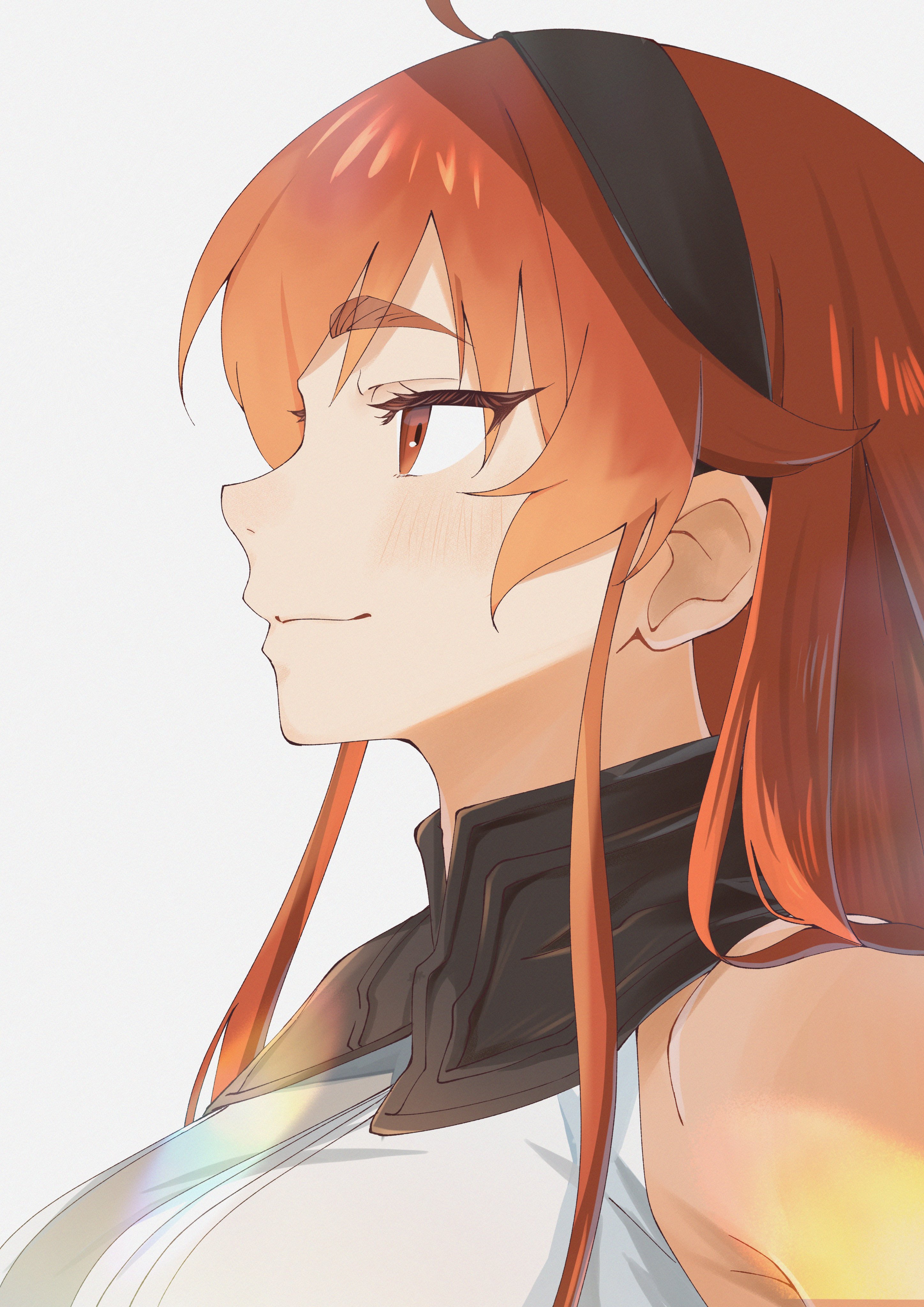 eris greyrat, mushoku tensei, highres, 1girl, blush, breasts, fang, from side, hairband, large breasts, long hair, looking at viewer, profile, red eyes, red hair, smile, solo