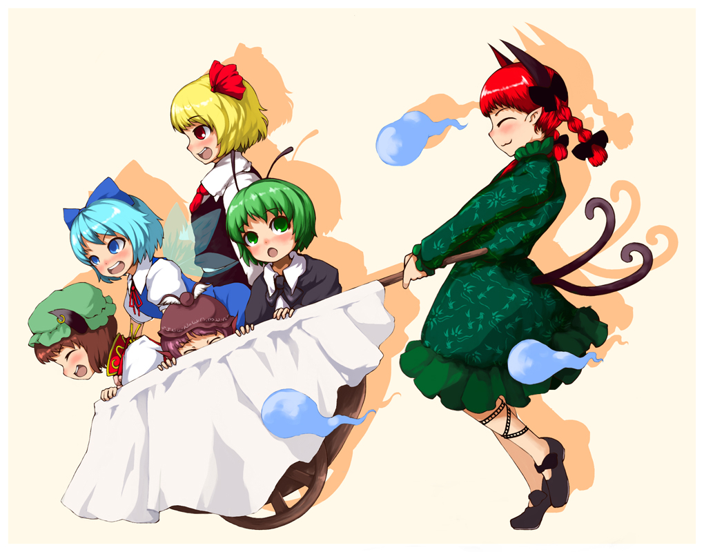 laboto, chen, cirno, kaenbyou rin, mystia lorelei, rumia, wriggle nightbug, touhou, 6+girls, animal ears, blonde hair, braid, cat ears, earrings, ghost, hat, jewelry, multiple girls, red eyes, red hair, ribbon, team 9 (touhou), wheelbarrow
