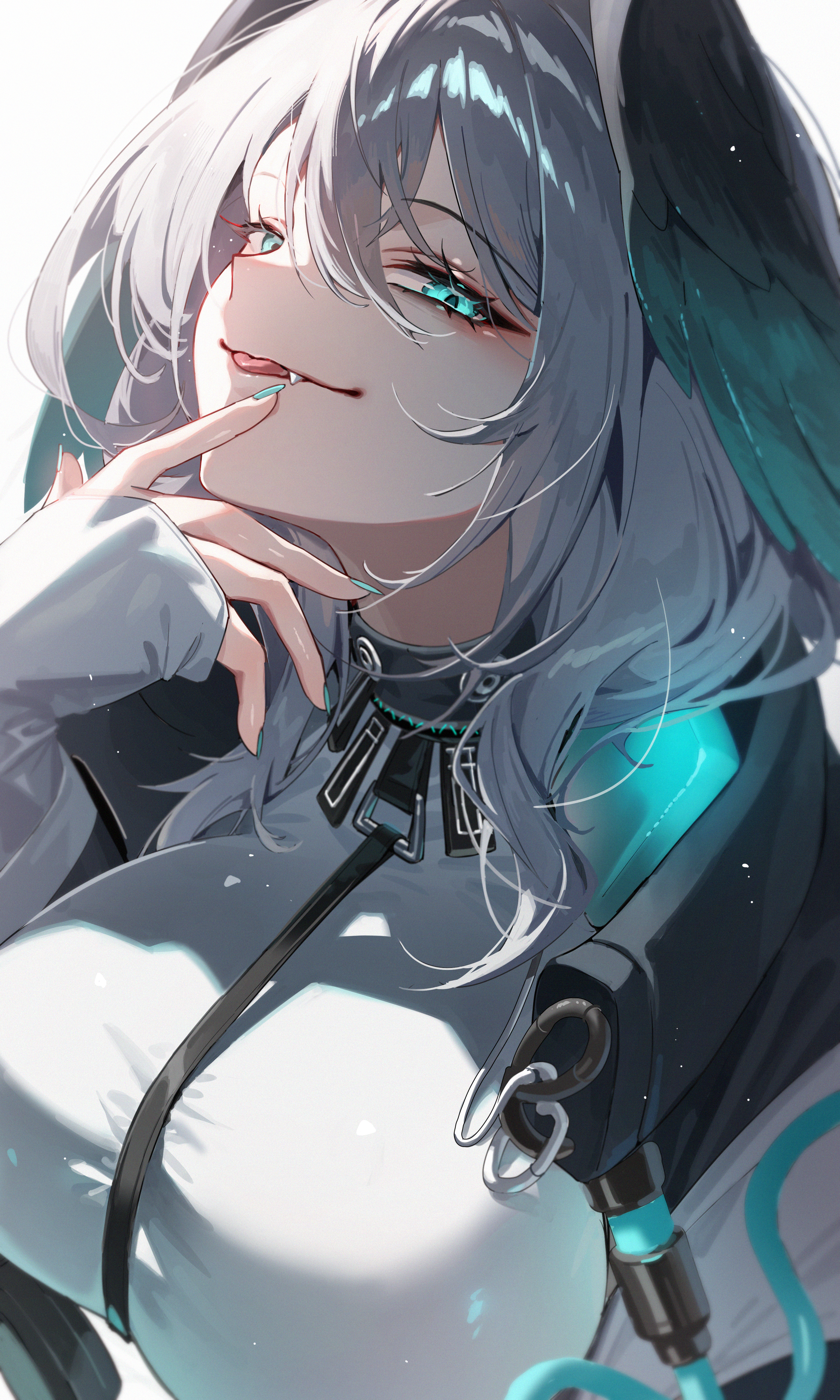 nabezuru, ho'olheyak (arknights), arknights, absurdres, commentary request, highres, 1girl, aqua eyes, aqua nails, aqua wings, between breasts, breasts, dress, eyelashes, fang, feathered wings, grey hair, head wings, large breasts, long sleeves, looking at viewer, medium hair, simple background, solo, strap between breasts, tongue, tongue out, upper body, white background, white dress, wings