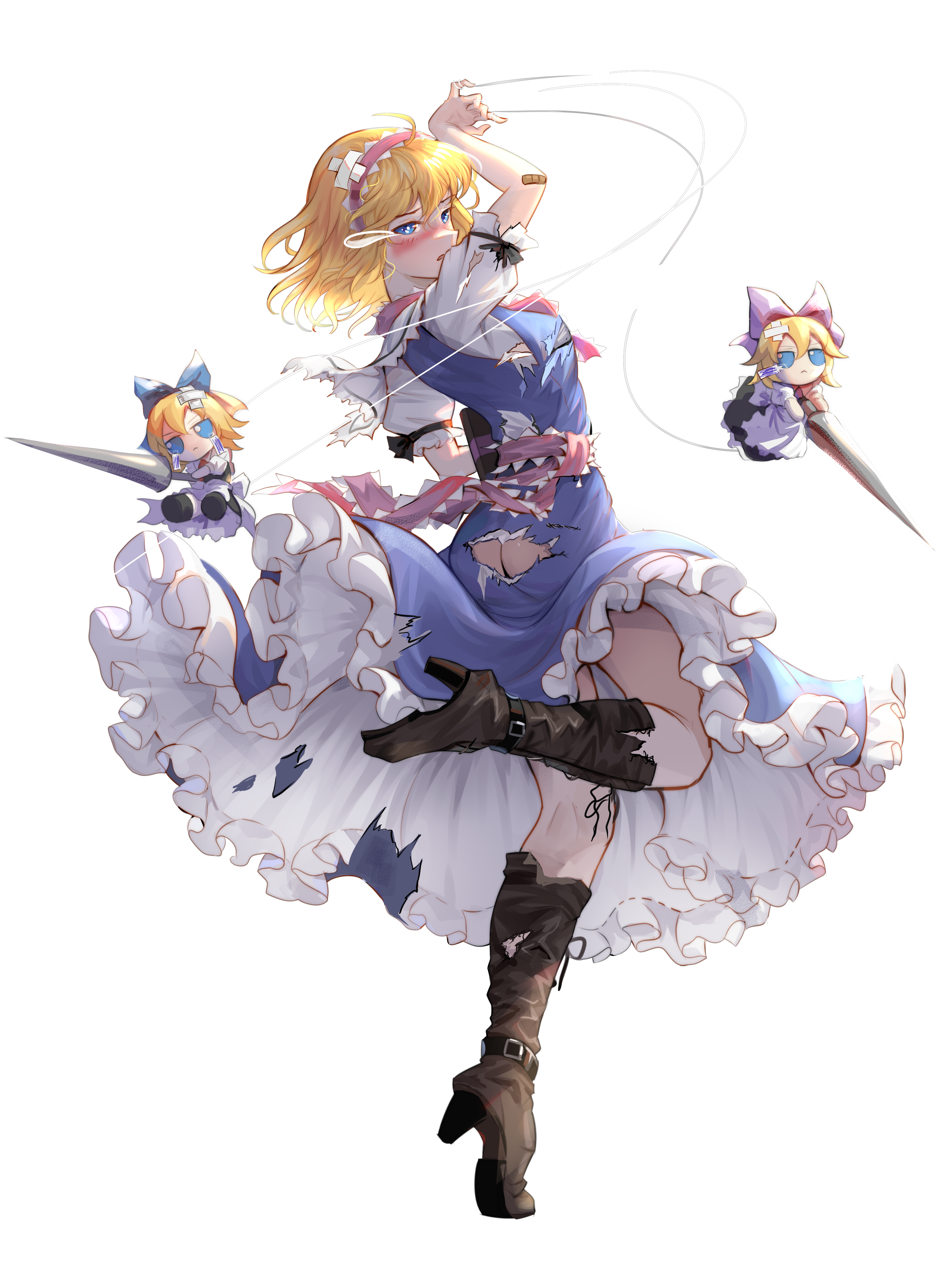 edz drawz, alice margatroid, shanghai doll, touhou, absurdres, commentary, highres, 1girl, ascot, ass, blonde hair, blue dress, blue eyes, boots, day, defeat, dress, frilled ascot, frilled hairband, frilled sash, frills, fumo (doll), grimoire of alice, hairband, high heel boots, high heels, lamppost, looking at viewer, looking back, medium dress, medium hair, puffy short sleeves, puffy sleeves, red ascot, red sash, sash, short sleeves, simple background, standing, standing on one leg, tiptoes, transparent background, white sleeves