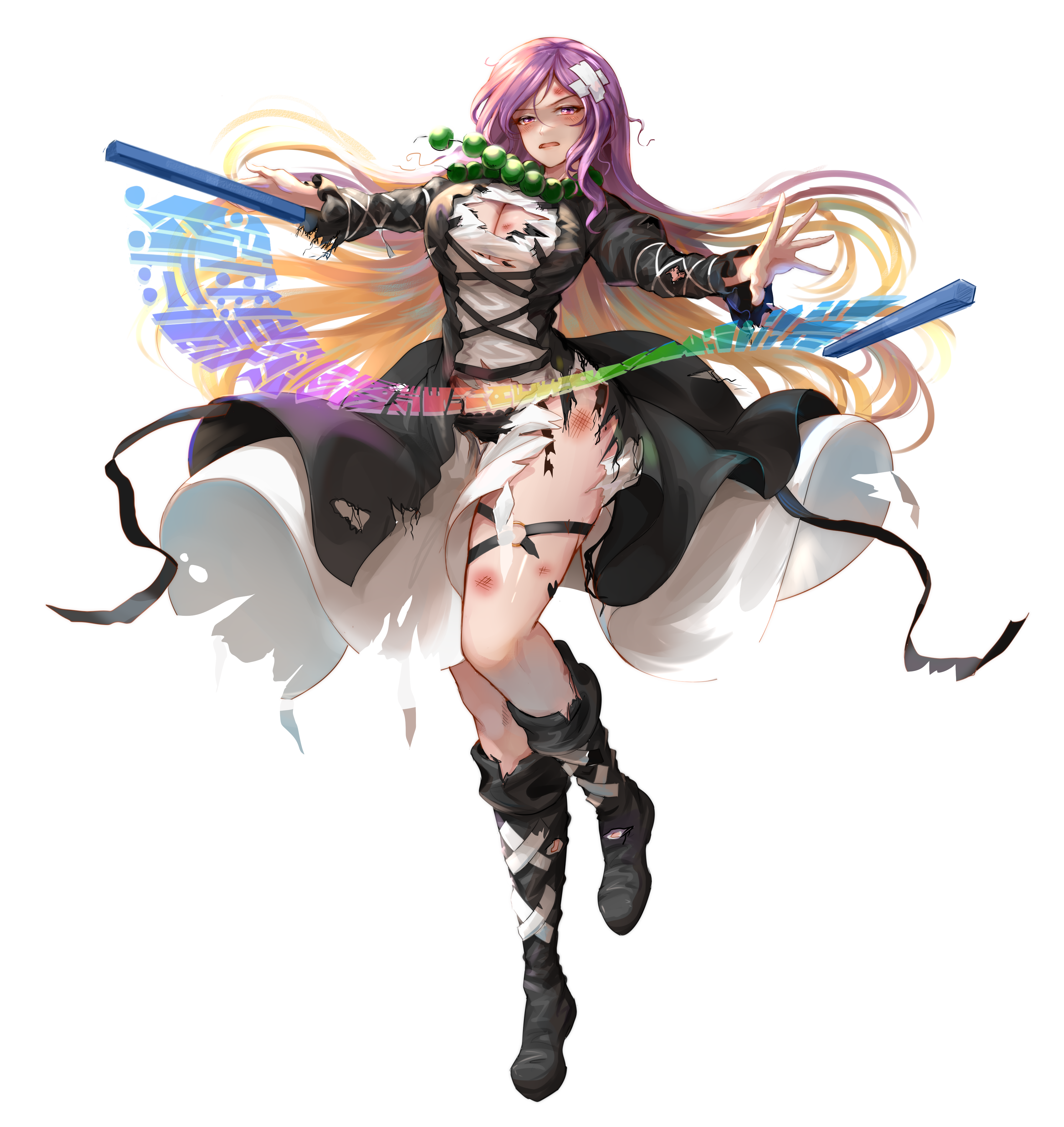 edz drawz, hijiri byakuren, touhou, absurdres, commentary, highres, 1girl, artist name, bandaged head, bandages, battle damage, bead necklace, beads, black boots, black bra, black dress, black panties, blonde hair, boots, bra, breasts, burnt hair, cape, cleavage, cleavage cutout, clothing cutout, cross-laced clothes, damaged, damaged skin, defeat, dress, full body, gradient hair, grey background, jewelry, lace-up boots, layered dress, light smile, long hair, looking at viewer, multicolored hair, necklace, panties, purple hair, signature, simple background, solo, sorcerer's sutra scroll, standing, standing on one leg, tachi-e, tearing clothes, tearing up, thigh strap, torn cape, torn clothes, underwear, very long hair, white dress