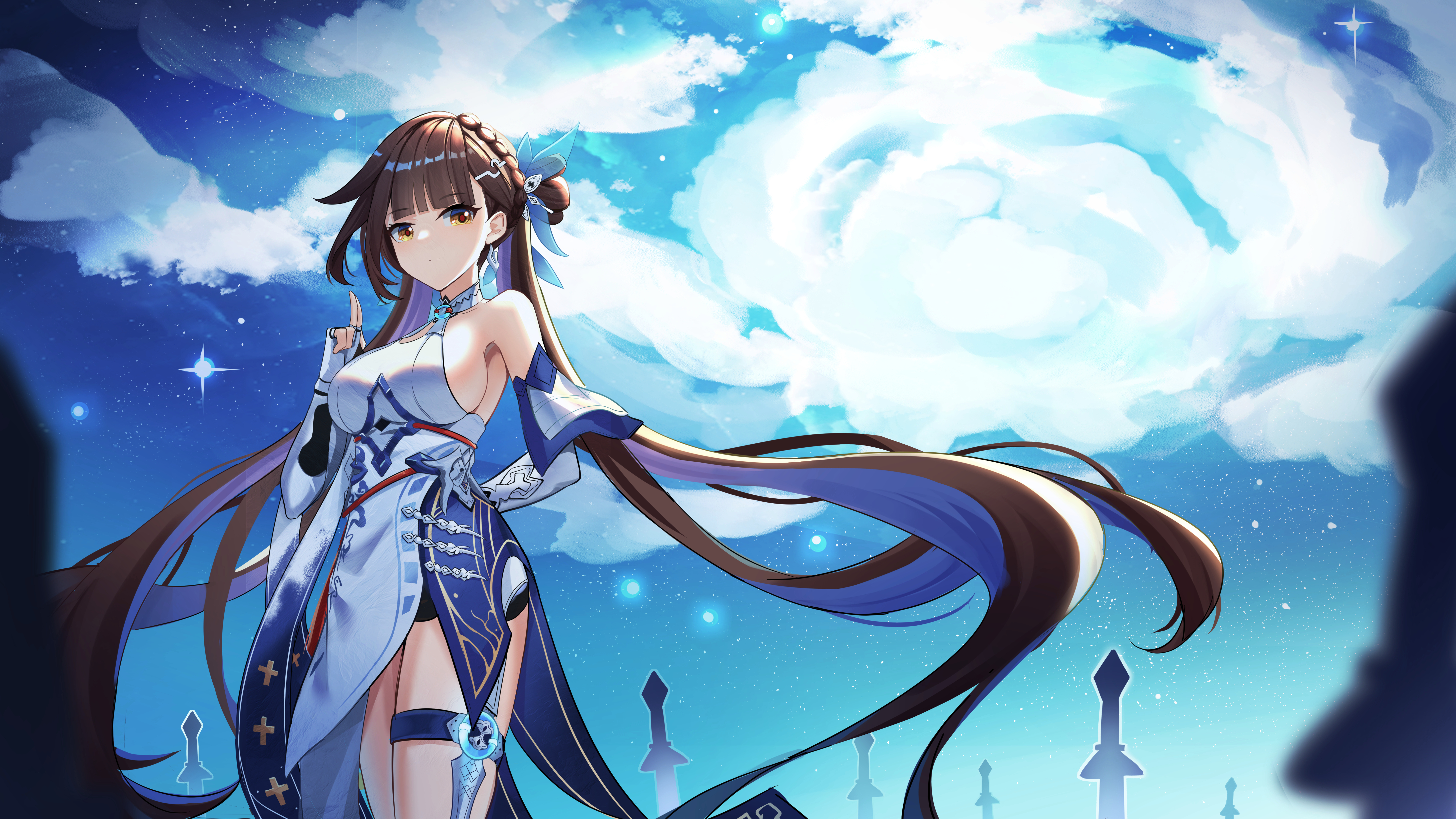 humugo, li sushang, li sushang (jade knight), honkai (series), honkai impact 3rd, absurdres, chinese commentary, commentary request, highres, 1girl, blue sky, breasts, bridal gauntlets, brown eyes, brown hair, chinese clothes, dress, large breasts, long hair, multiple swords, planted, planted sword, planted weapon, sideboob, sky, solo, sword, thigh strap, thighs, very long hair, weapon, white dress