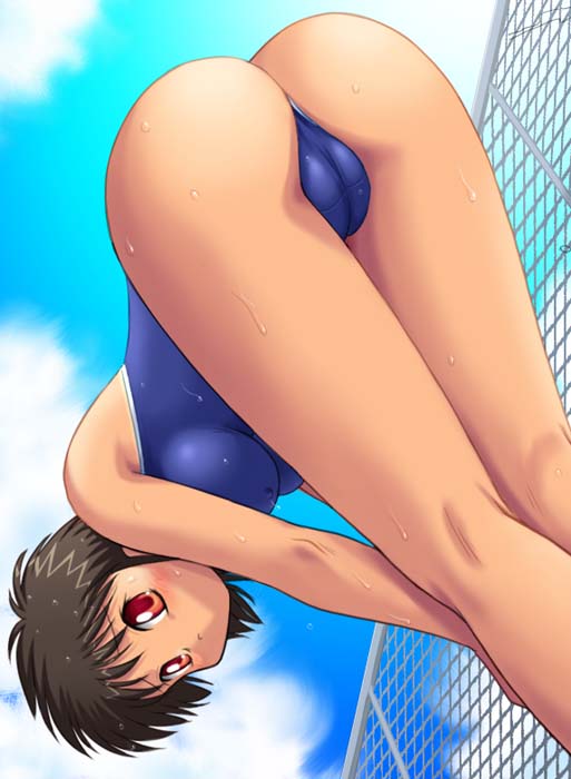 tanuki gakuen, 1girl, ass, blush, breasts, brown hair, cameltoe, cloud, covered erect nipples, dark-skinned female, dark skin, fat mons, female focus, large breasts, leaning, looking at viewer, looking back, medium hair, one-piece swimsuit, outdoors, red eyes, school swimsuit, solo, sweat, swimsuit, wet