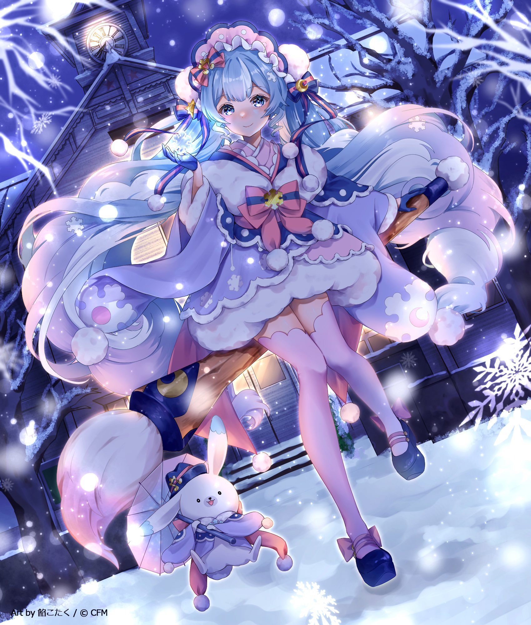 touka haru, hatsune miku, yuki miku, yuki miku (2023), vocaloid, commentary request, highres, 1girl, animal, aqua hair, blue bonnet, blue eyes, blue gloves, blue shoes, blush, bonnet, bow, closed mouth, cool colored, curly hair, dress, footwear bow, full body, fur-trimmed sleeves, fur trim, giant brush, gloves, gradient legwear, hair between eyes, hair bow, hair ornament, half gloves, holding, holding brush, holding paintbrush, holding umbrella, japanese clothes, kimono, layered dress, long hair, long sleeves, looking at viewer, multicolored hair, night, official alternate costume, official alternate hairstyle, outdoors, paintbrush, pink bow, pink hair, pink thighhighs, pom pom (clothes), pom pom hair ornament, rabbit, roman numeral, shoes, short dress, short kimono, snowflake print, snowflakes, streaked hair, thighhighs, twintails, two-tone hair, umbrella, very long hair, wide sleeves, zettai ryouiki