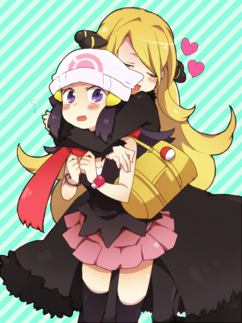 fujisaki (hjsk), cynthia (pokemon), dawn (pokemon), nintendo, pokemon, pokemon dppt, black legwear, 00s, 2girls, age difference, bag, beanie, blush, couple, flat chest, hat, heart, hug, loli, multiple girls, onee-loli, red scarf, scarf, skirt, thighhighs, yuri