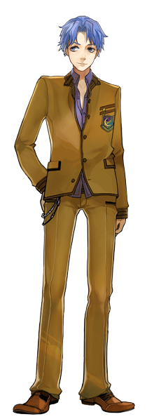 wada arco, matou shinji, fate/extra, fate/stay night, fate (series), official art, 00s, 10s, 1boy, blue hair, full body, male focus, school uniform, short hair, solo, standing, straight-on, transparent background, wavy hair