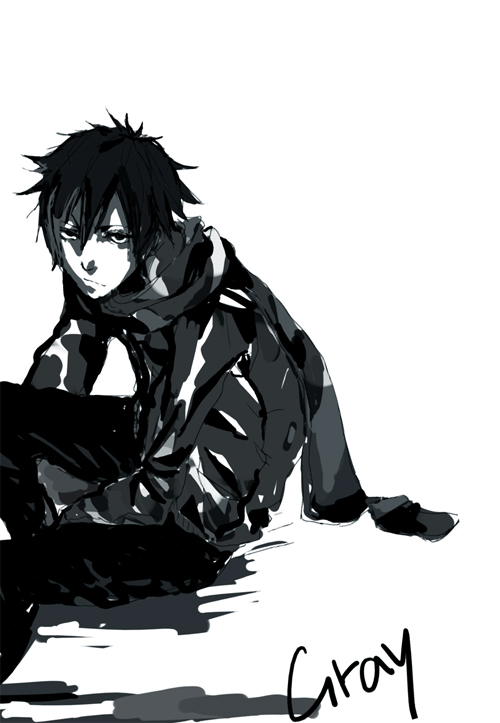 mendee, gray fullbuster, fairy tail, bad id, bad pixiv id, 00s, 1boy, black hair, casual, character name, greyscale, jacket, male focus, monochrome, scarf, short hair, solo, white background