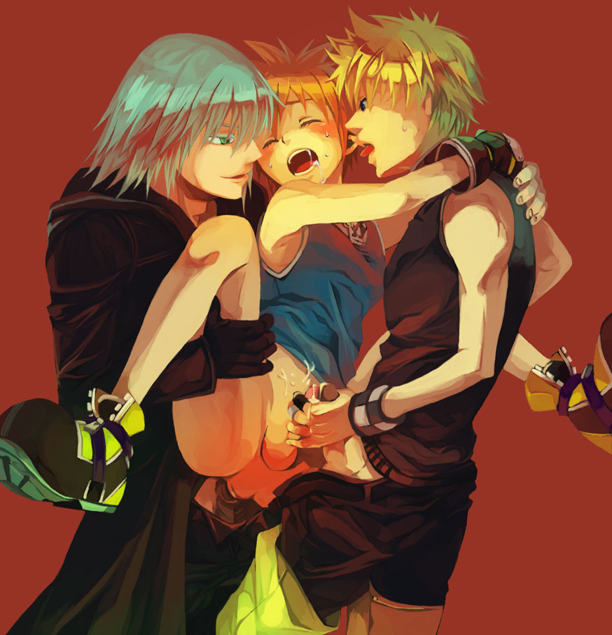 riku (kingdom hearts), roxas, sora (kingdom hearts), kingdom hearts, silver hair, 3boys, anal, blonde hair, blush, bottomless, brown hair, closed eyes, fingerless gloves, gloves, group sex, handjob, held up, holding, male focus, male penetrated, mmm threesome, multiple boys, open mouth, penis, penises touching, saliva, selfcest, sex, short hair, spread legs, sweat, threesome, tongue, yaoi