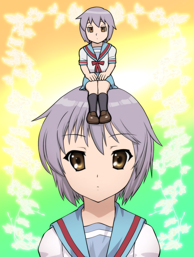 ueyama michirou, nagato yuki, doraemon, suzumiya haruhi no yuuutsu, brown eyes, chibi, chibi on head, dual persona, fujiko f fujio (style), grey hair, mini person, minigirl, on head, parody, purple hair, school uniform, serafuku, short hair, sitting, style parody