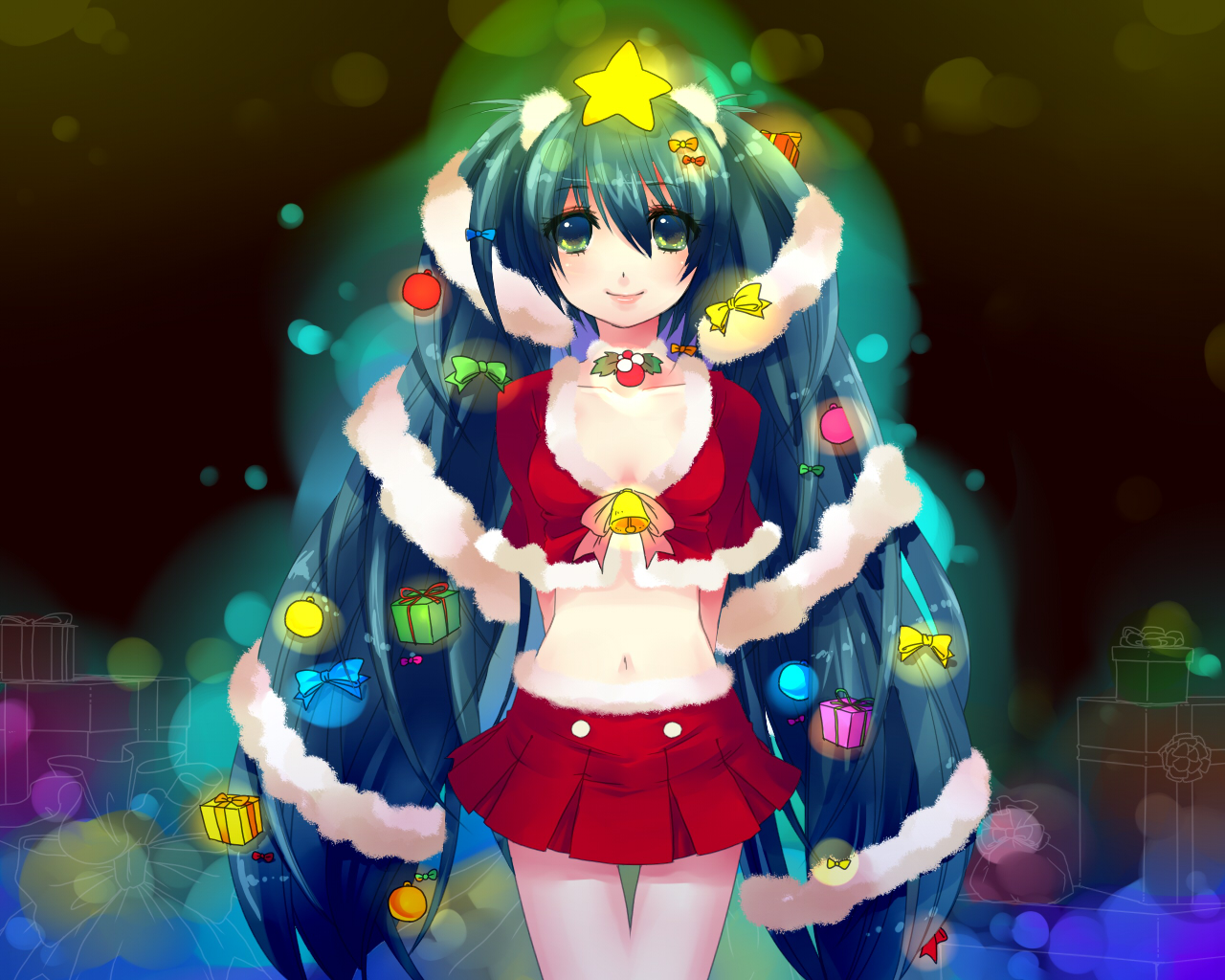 kaden (kuzek), tsubaki ki, hatsune miku, vocaloid, bad id, bad pixiv id, 1girl, aqua eyes, aqua hair, bell, bow, christmas, female focus, hair bow, long hair, midriff, navel, santa costume, skirt, smile, solo, star (symbol), twintails, very long hair