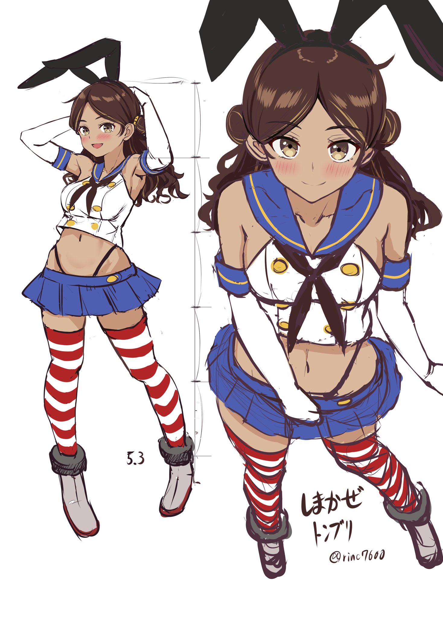 ichikawa feesu, shimakaze (kancolle), kantai collection, commentary request, highres, 1girl, black hairband, black neckerchief, black panties, blue sailor collar, blue skirt, breasts, brown eyes, brown hair, character name, cosplay, crop top, dark-skinned female, dark skin, double bun, elbow gloves, from above, full body, gloves, hair bun, hairband, highleg, highleg panties, microskirt, miniskirt, multicolored hair, multiple views, neckerchief, panties, pleated skirt, sailor collar, shimakaze (kancolle) (cosplay), shirt, simple background, skirt, sleeveless, sleeveless shirt, small breasts, streaked hair, striped clothes, striped thighhighs, thighhighs, thonburi (kancolle), twitter username, underwear, white background, white gloves