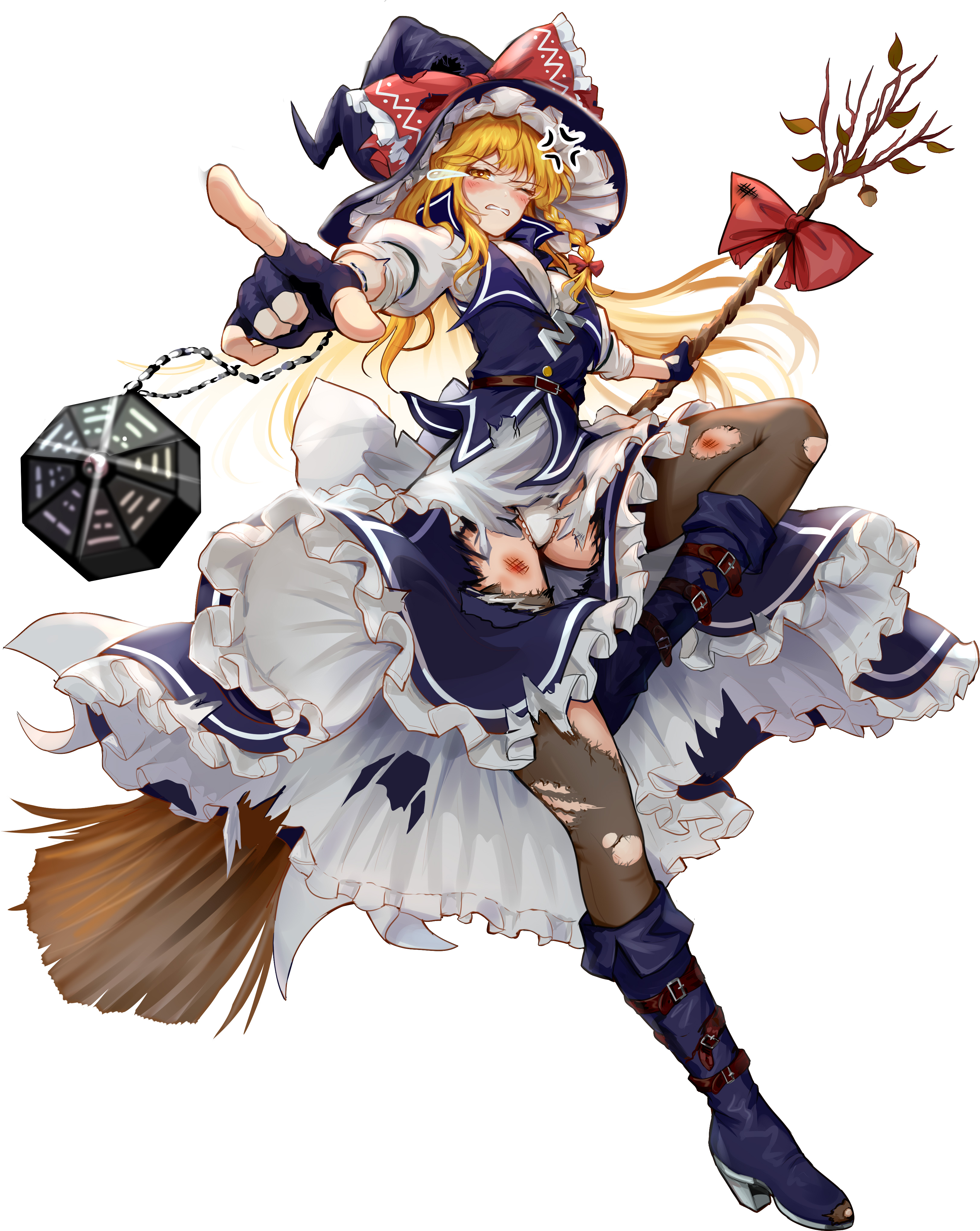 edz drawz, kirisame marisa, touhou, absurdres, commentary, english commentary, highres, md5 mismatch, 1girl, apron, belt, black boots, black gloves, black hat, black pantyhose, black skirt, black vest, blonde hair, blue boots, blue gloves, blue hat, blue skirt, blue vest, boots, bow, braid, breasts, broom, broom ribbon, brown belt, dated commentary, dress, fingerless gloves, frilled bow, frilled hat, frilled skirt, frills, full body, gloves, grin, hair ribbon, hat, hat bow, high heel boots, high heels, holding, holding broom, leg up, long hair, medium breasts, mini-hakkero, mushroom, one eye closed, pantyhose, parted lips, pointing, red bow, red ribbon, ribbon, shirt, signature, simple background, single braid, skirt, skirt set, smile, solo, standing, standing on one leg, three-quarter sleeves, torn clothes, torn pantyhose, transparent background, vest, waist apron, white apron, white dress, white shirt, witch, witch hat, yellow eyes