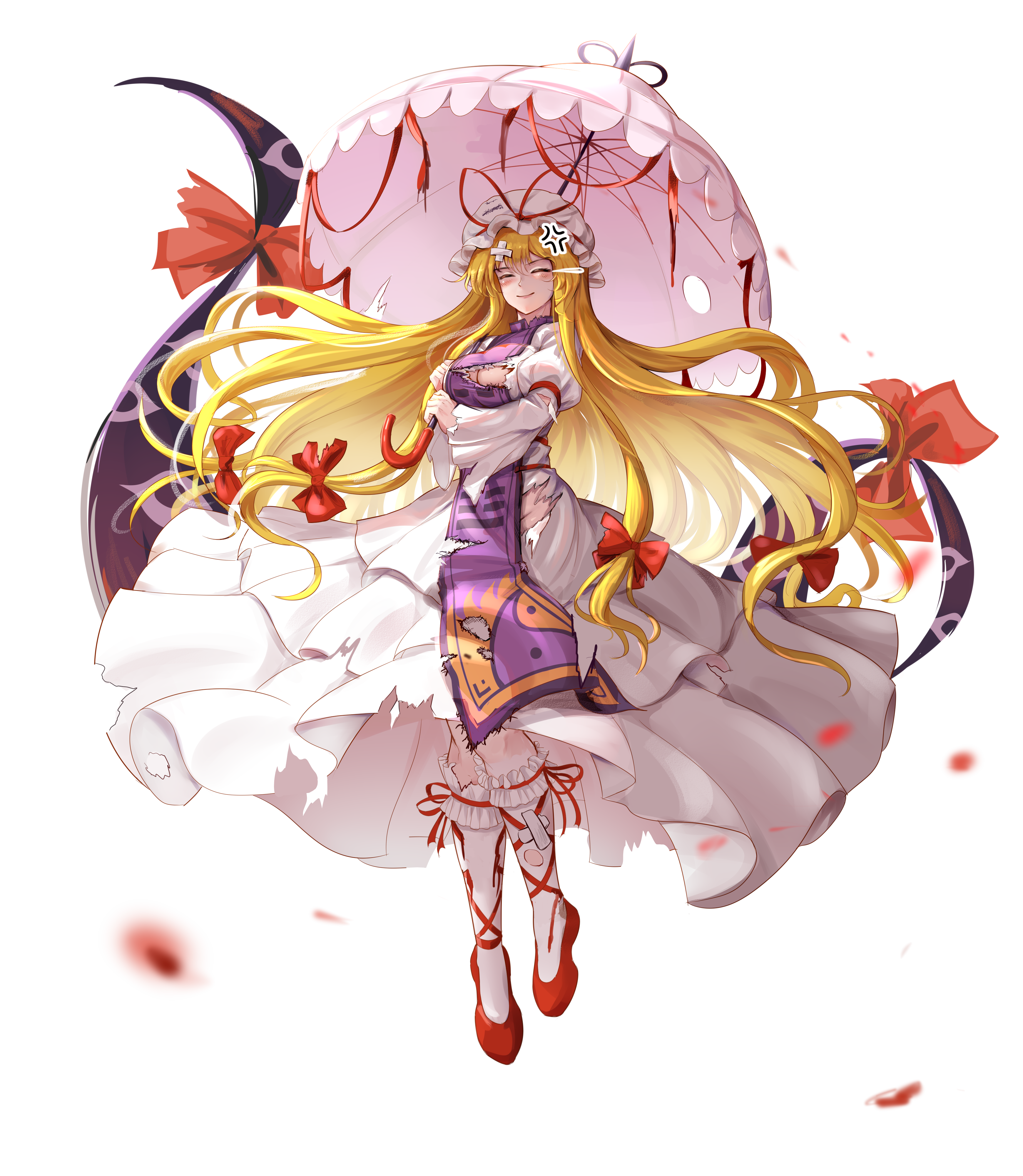 edz drawz, yakumo yukari, touhou, absurdres, commentary, english commentary, highres, 1girl, anger vein, battle damage, blonde hair, blurry, blurry foreground, breasts, cleavage, closed eyes, defeat, dress, full body, gap (touhou), hair ribbon, hat, holding, holding umbrella, large breasts, long hair, long sleeves, mob cap, parasol, petals, purple eyes, purple tabard, red petals, red shoes, ribbon, shoes, simple background, smile, socks, solo, tabard, torn clothes, transparent background, umbrella, white dress, white socks