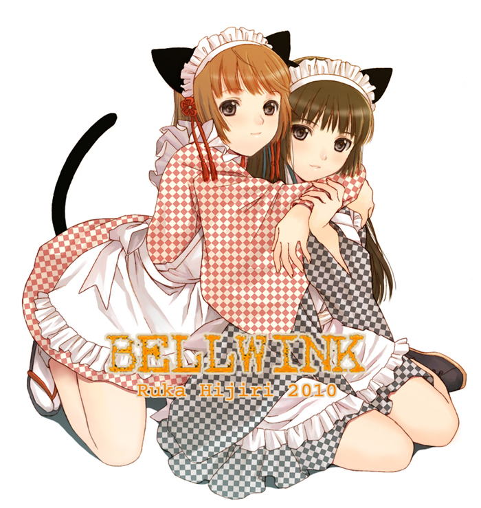 seiru (prairie), 2girls, animal ears, apron, black eyes, black hair, brown hair, headdress, hug, japanese clothes, maid, multiple girls, orange hair, tail, wa maid