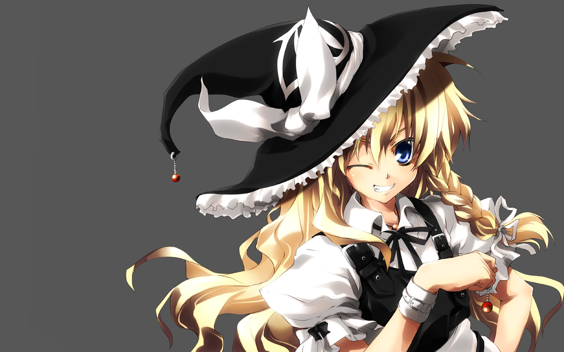 matsuno canel, kirisame marisa, touhou, highres, 1girl, blonde hair, blue eyes, braid, earrings, female focus, hat, jewelry, long hair, simple background, solo, witch, witch hat