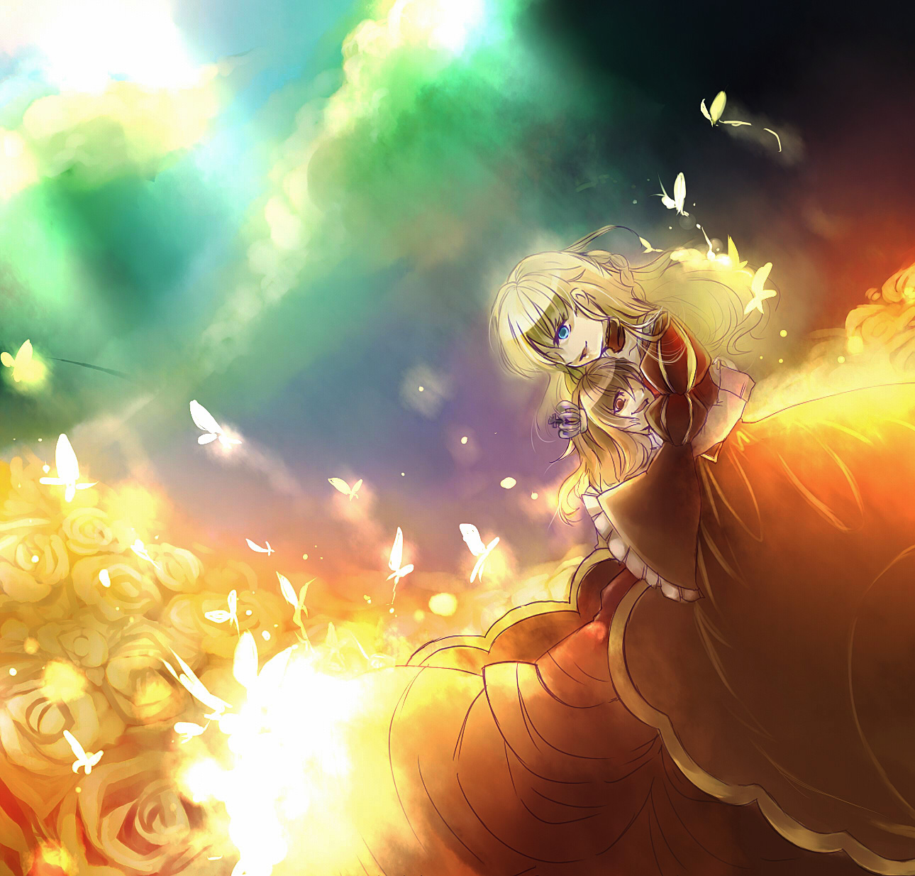 rimako, beatrice (umineko), ushiromiya maria, umineko no naku koro ni, bad id, bad pixiv id, highres, 00s, 2girls, blonde hair, blue eyes, bug, butterfly, choker, crown, dress, hug, long hair, multiple girls, orange hair, red eyes, smile