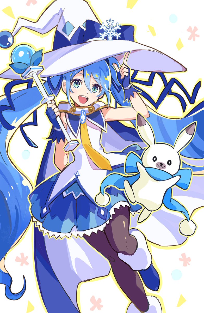 kashimaori, hatsune miku, rabbit yukine, yuki miku, yuki miku (2014), vocaloid, commentary request, highres, 1girl, aqua eyes, aqua hair, beamed eighth notes, black pantyhose, blue skirt, cloak, eighth note, foot out of frame, gloves, hair between eyes, hair ornament, hat, holding, holding wand, long hair, musical note, necktie, official alternate costume, official alternate hairstyle, open mouth, pantyhose, rabbit, shirt, skirt, sleeveless, sleeveless shirt, smile, snowflake print, twintails, very long hair, wand, white cloak, white rabbit (animal), white shirt, witch hat, yellow necktie