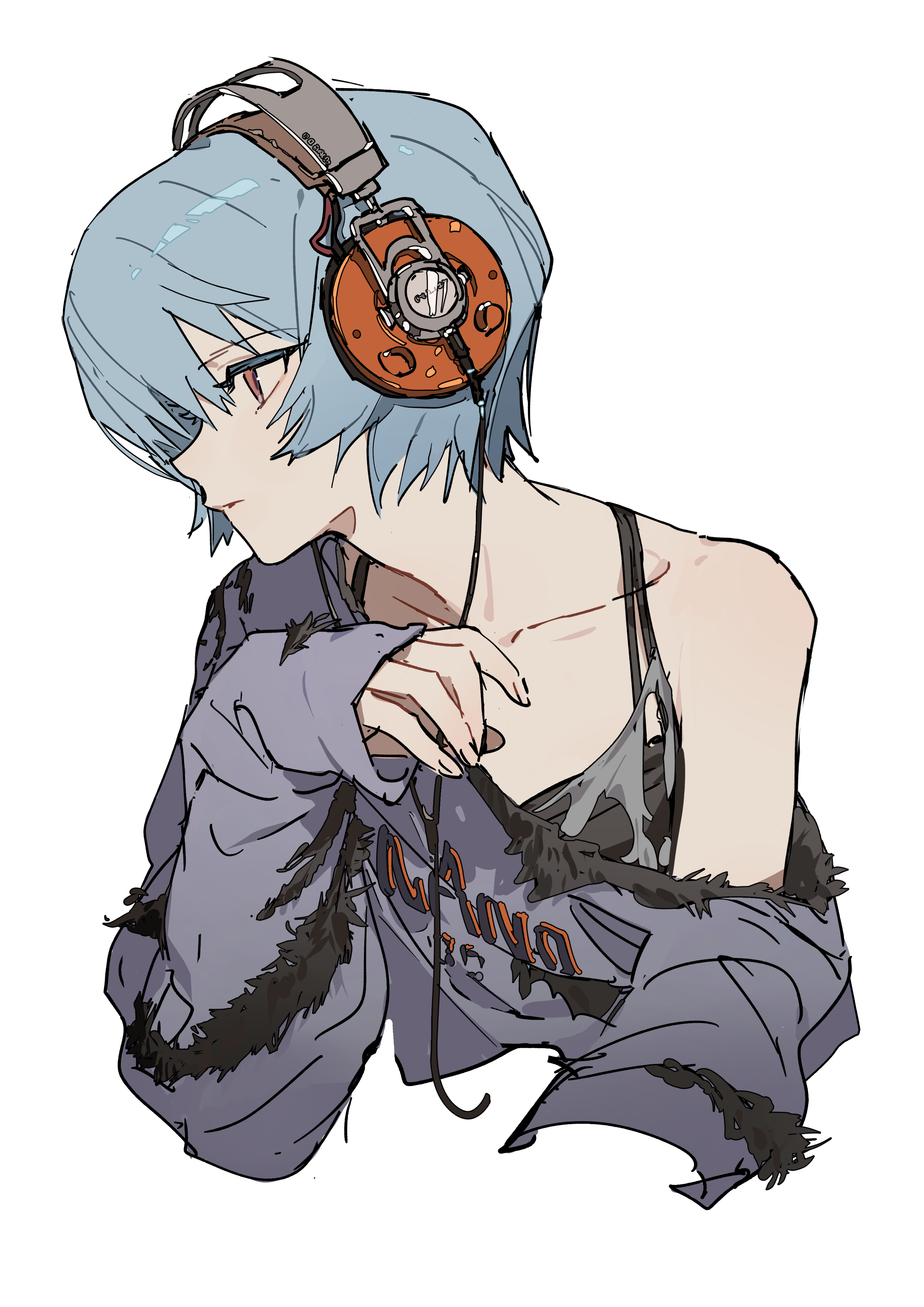 zhibuji loom, ayanami rei, neon genesis evangelion, absurdres, chinese commentary, commentary request, highres, 1girl, audio cable, black tank top, blue hair, brown eyes, cable, closed mouth, collarbone, cropped torso, fur trim, headphones, jacket, long sleeves, open clothes, open jacket, profile, red eyes, short hair, simple background, single bare shoulder, single off shoulder, sleeves past wrists, solo, tank top, upper body, white background