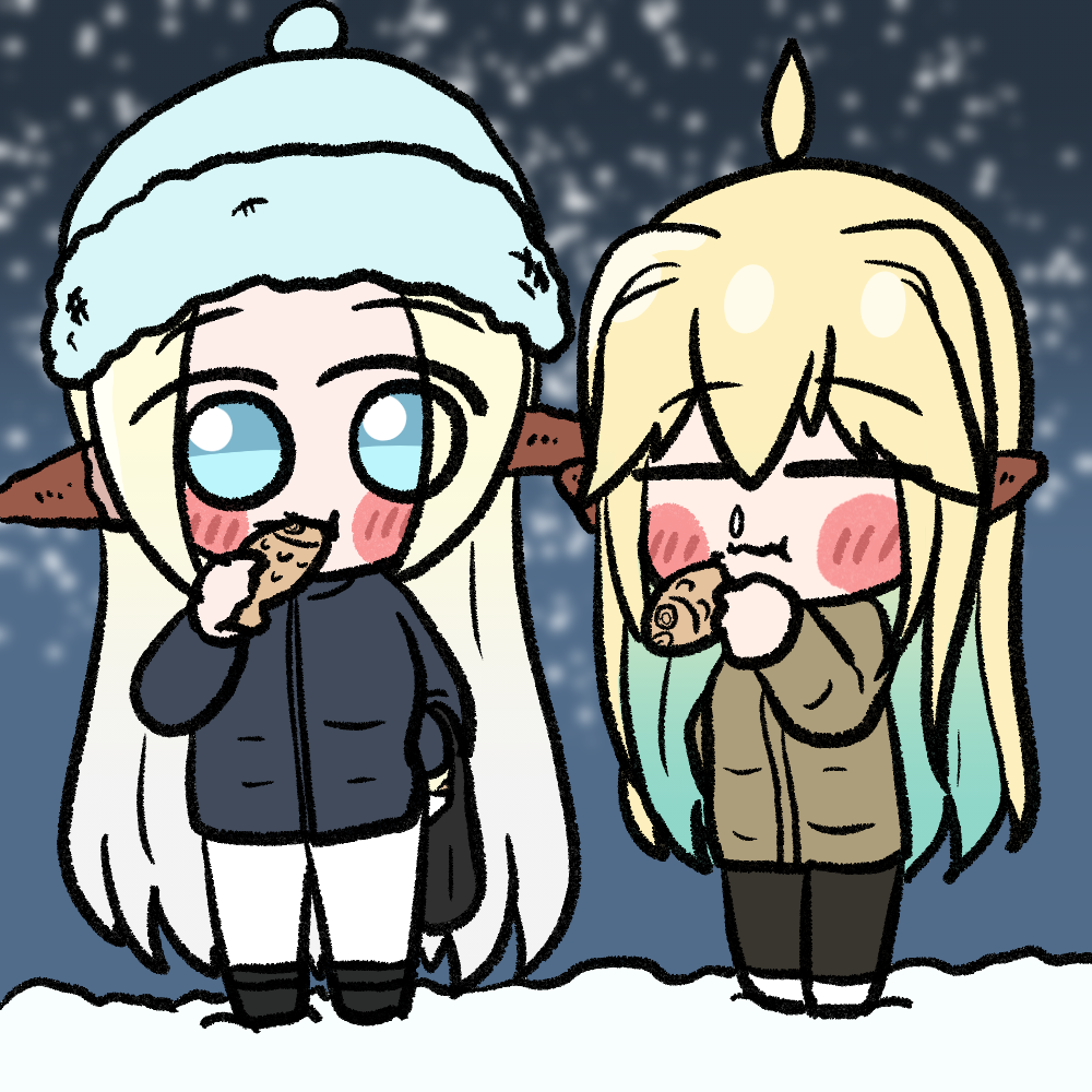 clooliss, cerestia of life, elven forest maker, last origin, commentary request, korean commentary, 2girls, ahoge, alternate costume, bag, blonde hair, blue eyes, blush stickers, chibi, chibi only, closed eyes, colored inner hair, earmuffs, eating, elf, food, green hair, long hair, multicolored hair, multiple girls, night, parted bangs, plastic bag, pointy ears, snot, snow, taiyaki, two-tone hair, very long hair, wagashi, winter clothes