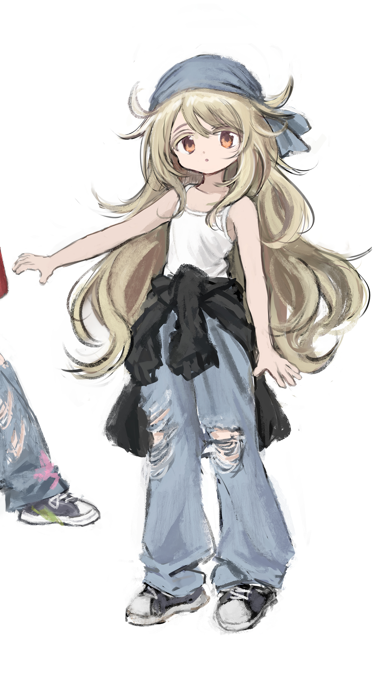 arikomen, original, absurdres, commentary request, highres, 2girls, :o, bare arms, bare shoulders, black jacket, black shoes, blue pants, brown eyes, brown hair, camisole, clothes around waist, denim, hair between eyes, headscarf, jacket, jacket around waist, jeans, long hair, looking at viewer, multiple girls, outstretched arm, pants, parted lips, shoes, simple background, standing, torn clothes, torn pants, very long hair, white background, white camisole