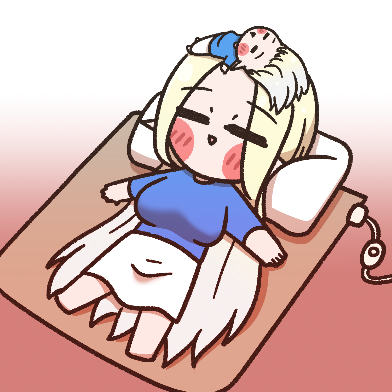 clooliss, cerestia of life, last origin, commentary request, highres, korean commentary, 2girls, alternate costume, blonde hair, blush stickers, breasts, chibi, chibi only, closed eyes, elf, large breasts, long hair, lying, mini person, minigirl, multiple girls, on back, parted bangs, pillow, pointy ears, shirt, skirt, triangle mouth, very long hair