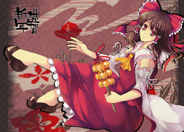 echoayane, hakurei reimu, touhou, 1girl, bell, bow, brown hair, detached sleeves, feet, female focus, full body, hair bow, japanese clothes, miko, red eyes, sandals, sarashi, solo
