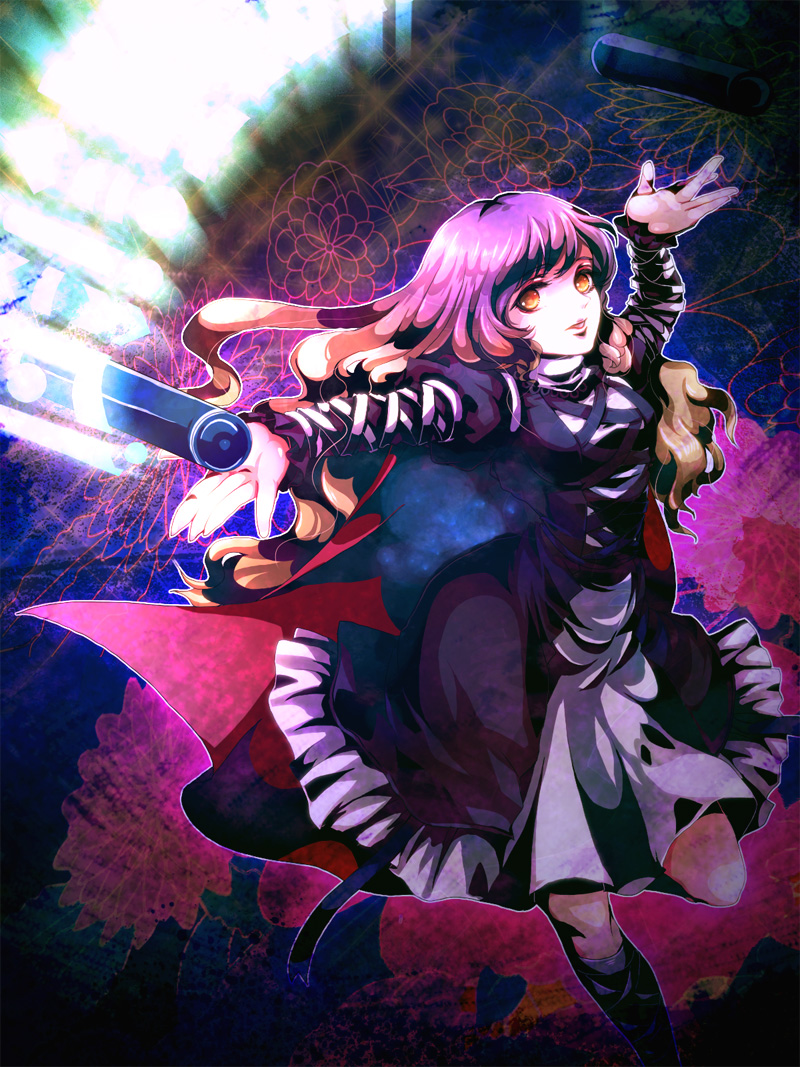 awa toka, hijiri byakuren, touhou, bad id, bad pixiv id, 1girl, cape, dress, female focus, gradient hair, lipstick, long hair, makeup, multicolored hair, scroll, solo, sorcerer's sutra scroll, yellow eyes