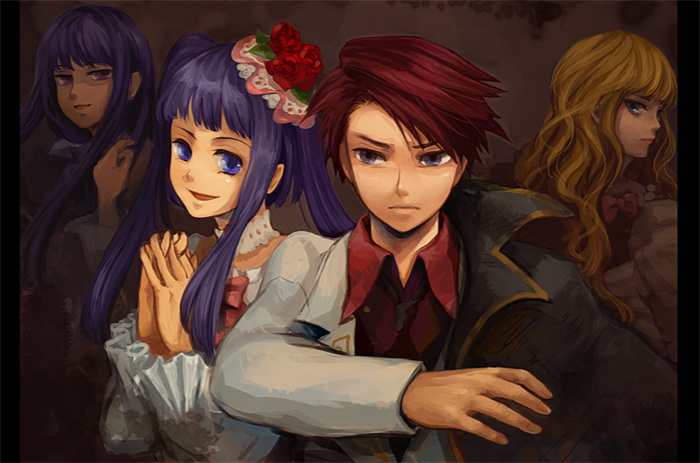 bell192, beatrice (umineko), frederica bernkastel, furudo erika, ushiromiya battler, umineko no naku koro ni, spoilers, 00s, blue eyes, blue hair, cape, choker, dress, frown, hair ornament, long hair, necktie, purple eyes, red hair, smile, twintails
