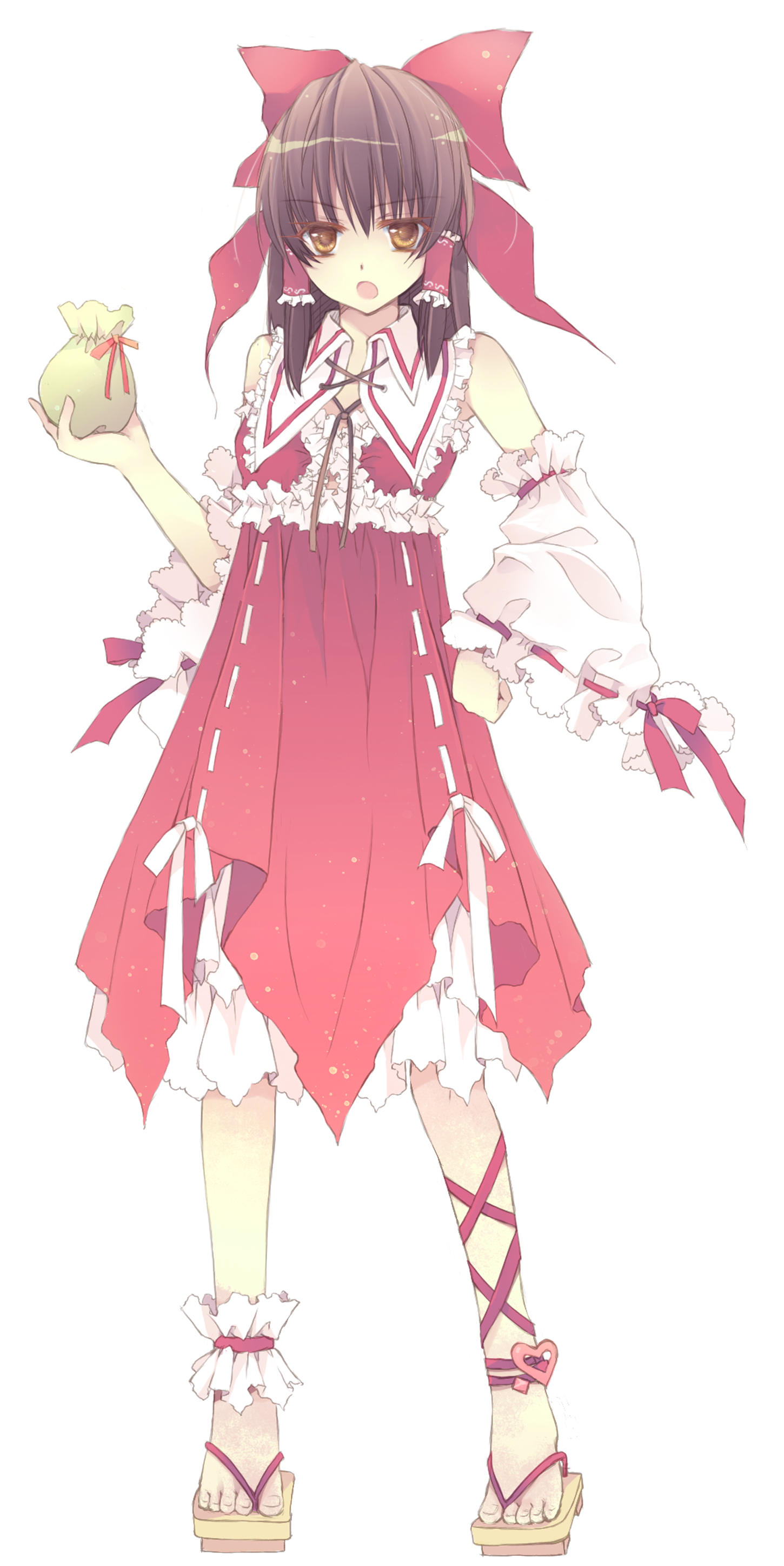 blue hallelujah, hakurei reimu, touhou, absurdres, highres, 1girl, bag, brown eyes, brown hair, detached sleeves, female focus, frills, full body, geta, heart, japanese clothes, miko, no socks, sandals, solo, standing, toes, transparent background, yellow eyes