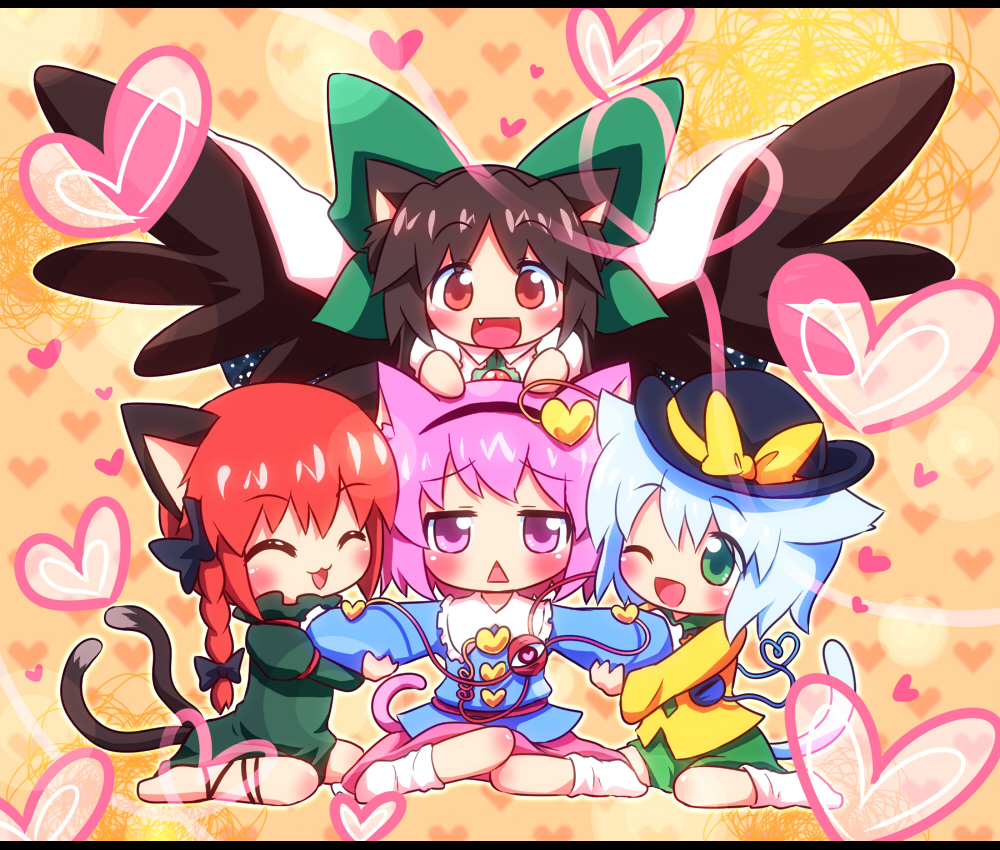 ayakashi (monkeypanch), kaenbyou rin, komeiji koishi, komeiji satori, reiuji utsuho, touhou, silver hair, 4girls, :<, :3, :d, ^ ^, animal ears, black wings, blush, bow, braid, brown hair, cape, cat ears, cat girl, cat tail, closed eyes, fang, female focus, green eyes, hair bow, hair ribbon, heart, kemonomimi mode, letterboxed, multiple girls, multiple tails, one eye closed, open mouth, purple eyes, purple hair, red eyes, red hair, ribbon, short hair, smile, symbol-shaped pupils, tail, third eye, twin braids, wings