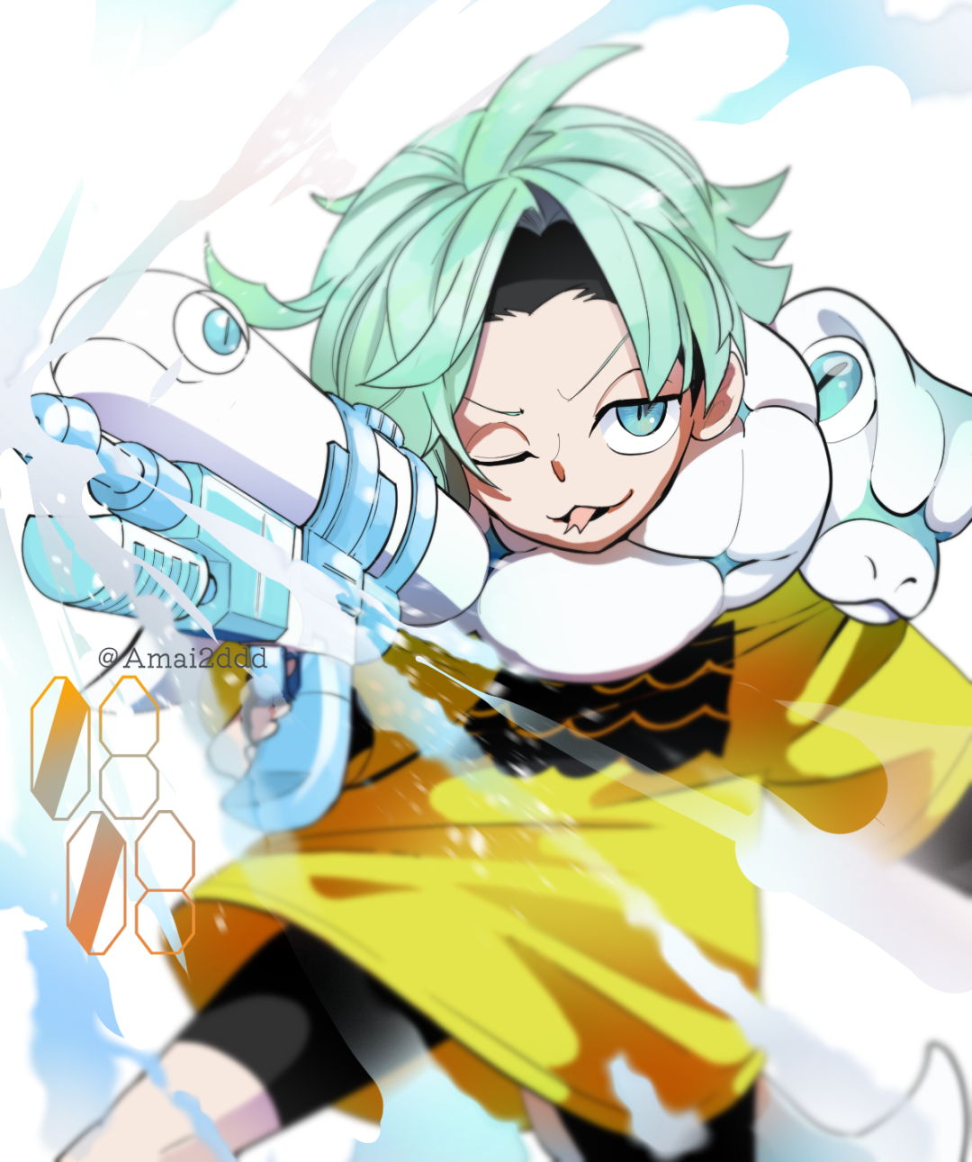 dabu (dabuchan), tamaki (kemono jihen), kemono jihen, highres, 1boy, forked tongue, green hair, male focus, one eye closed, shirt, snake boy, solo, tongue, tongue out, water gun