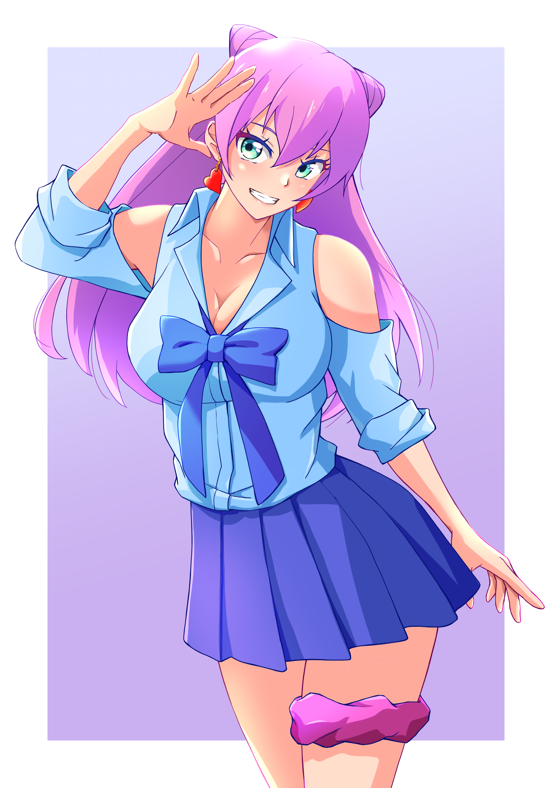 fujish, watanabe akari, fuufu ijou koibito miman., absurdres, commentary, highres, 1girl, blue bow, blue shirt, blue skirt, border, bow, breasts, cleavage, clothing cutout, collared shirt, cone hair bun, earrings, green eyes, hair between eyes, hair bun, heart, heart earrings, jewelry, large breasts, light blush, long hair, looking at viewer, pink background, pink hair, pleated skirt, shirt, shoulder cutout, skirt, smile, table, thigh scrunchie, white border