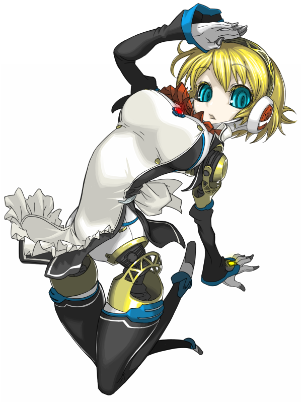 indee, aigis (persona), ili (dream c club), atlus, dream c club, dream c club (series), persona, persona 3, 1girl, android, apron, arched back, arm up, black thighhighs, blonde hair, blue eyes, cosplay, detached sleeves, female focus, hairband, ili (dream c club) (cosplay), maid, maid apron, short hair, side slit, solo, thighhighs