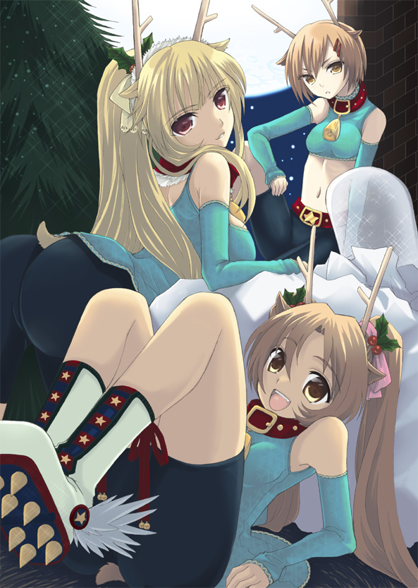 sakurai unan, bad id, bad pixiv id, 3girls, ass, bike shorts, blonde hair, brown eyes, brown hair, christmas, midriff, multiple girls, navel, red eyes, shoes, spikes, yellow eyes