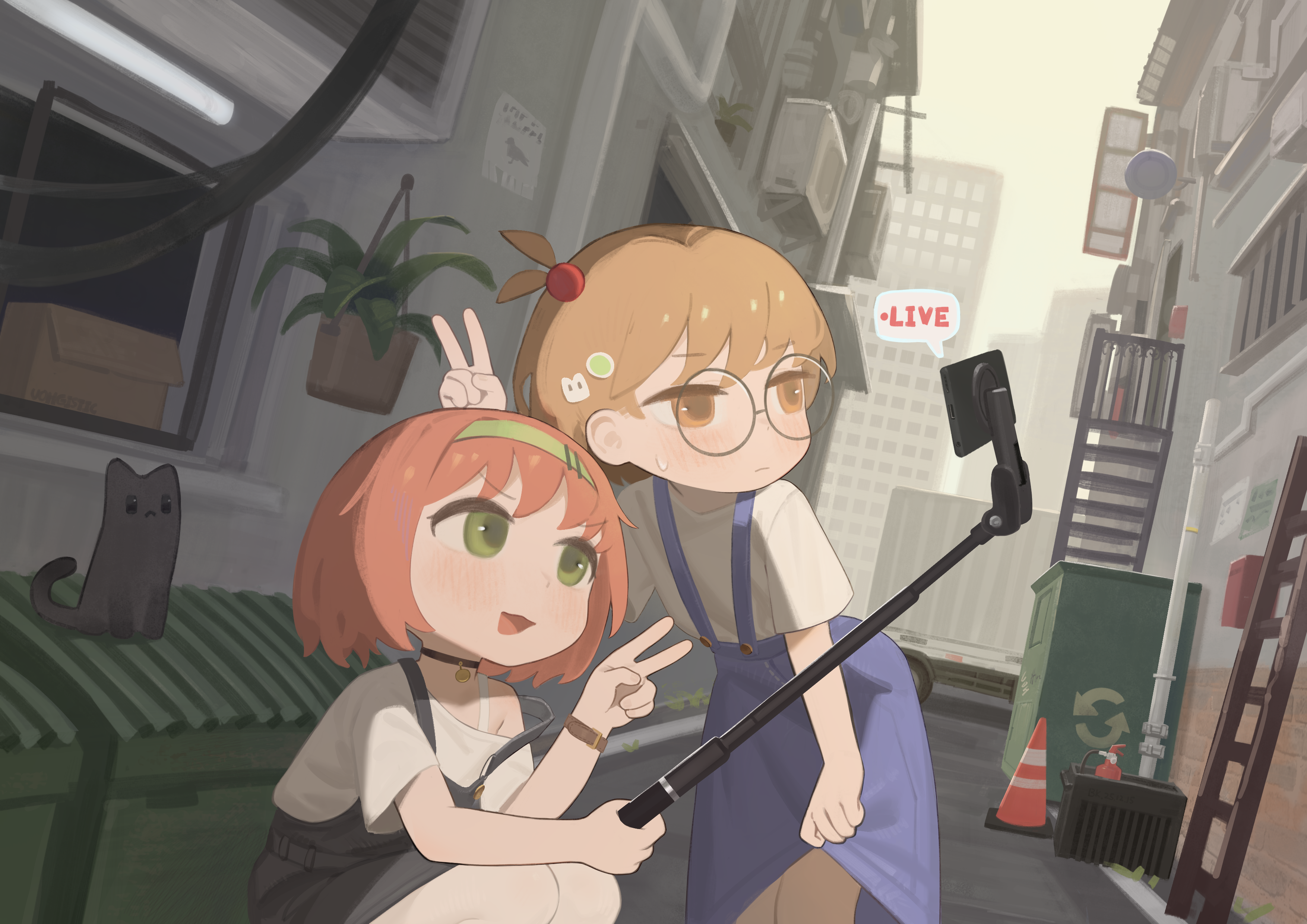 bkbbkbkk, original, absurdres, commentary, english commentary, highres, 2girls, alley, bare shoulders, blush, cat, cellphone, dress, dumpster, english text, glasses, livestream, looking at phone, multiple girls, outdoors, phone, round eyewear, selfie, selfie stick, short hair, smartphone, smile, strap slip, sweater, taking picture, v
