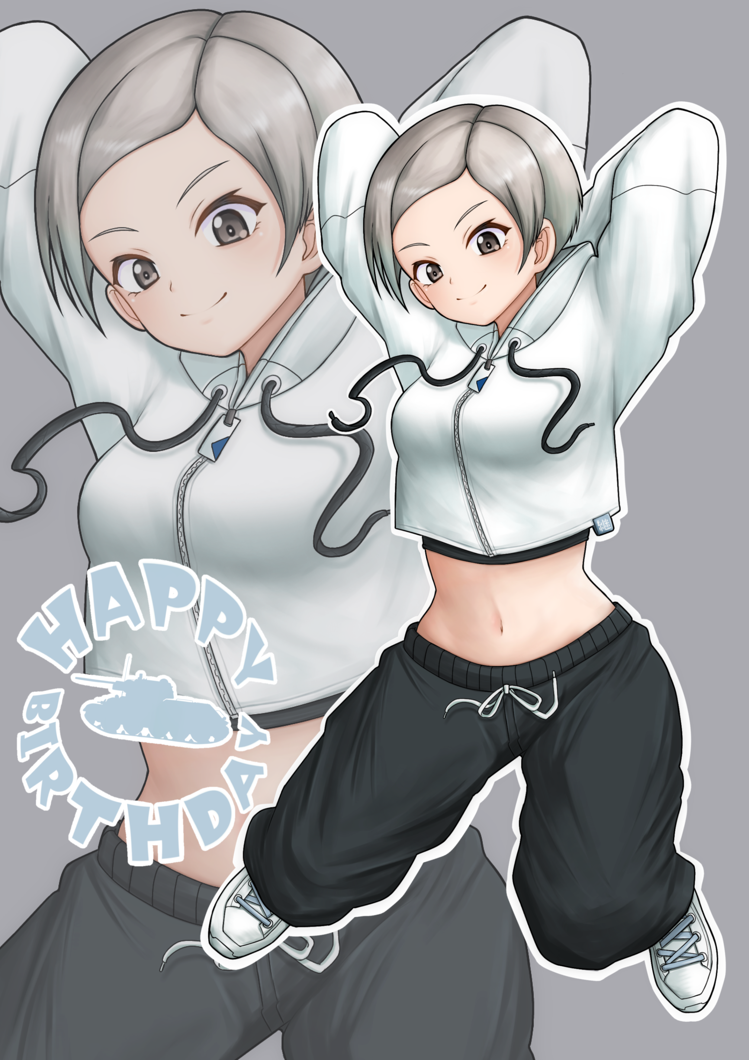 amanone yun, ari (girls und panzer), girls und panzer, absurdres, commentary request, highres, 1girl, black pants, blush, breasts, brown eyes, closed mouth, grey background, jacket, looking at viewer, midriff, navel, pants, short hair, simple background, small breasts, smile, solo, track jacket, white hair