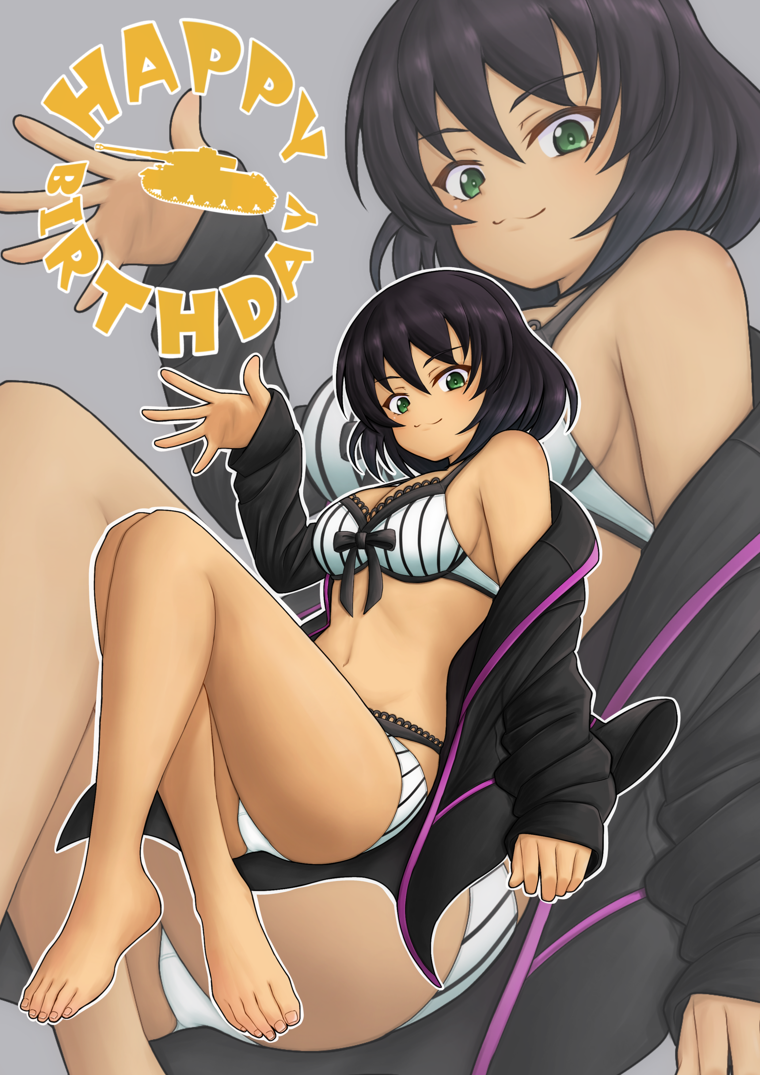 amanone yun, hoshino (girls und panzer), girls und panzer, absurdres, commentary request, highres, 1girl, :3, bikini, black hair, blush, breasts, cleavage, closed mouth, green eyes, grey background, large breasts, looking at viewer, navel, short hair, simple background, smile, solo, swimsuit