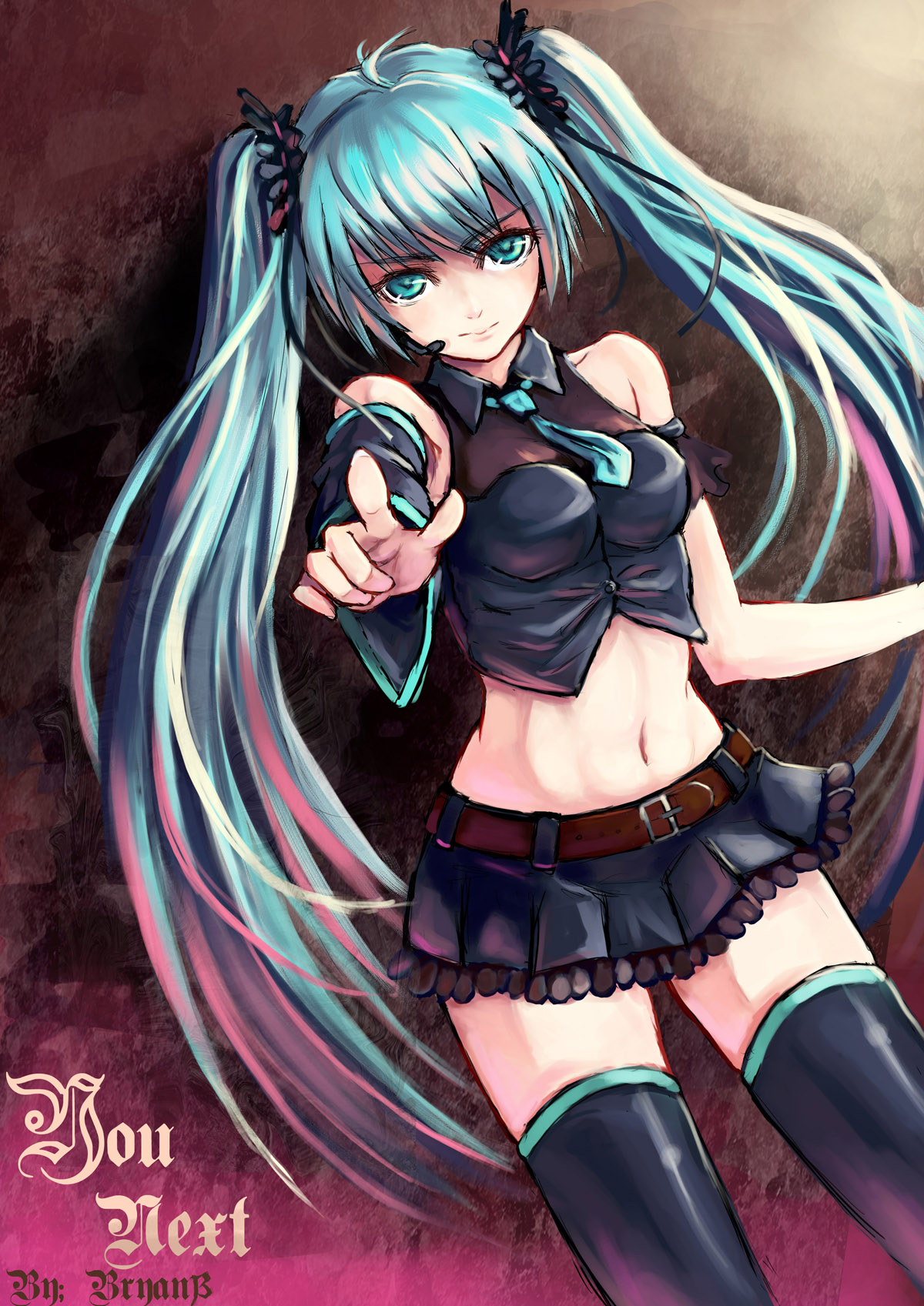 bryanth, hatsune miku, vocaloid, highres, 1girl, aqua eyes, aqua hair, belt, breasts, detached sleeves, female focus, headset, impossible clothes, impossible shirt, long hair, midriff, necktie, pointing, ribbon, shirt, skirt, smile, solo, thighhighs, twintails, very long hair