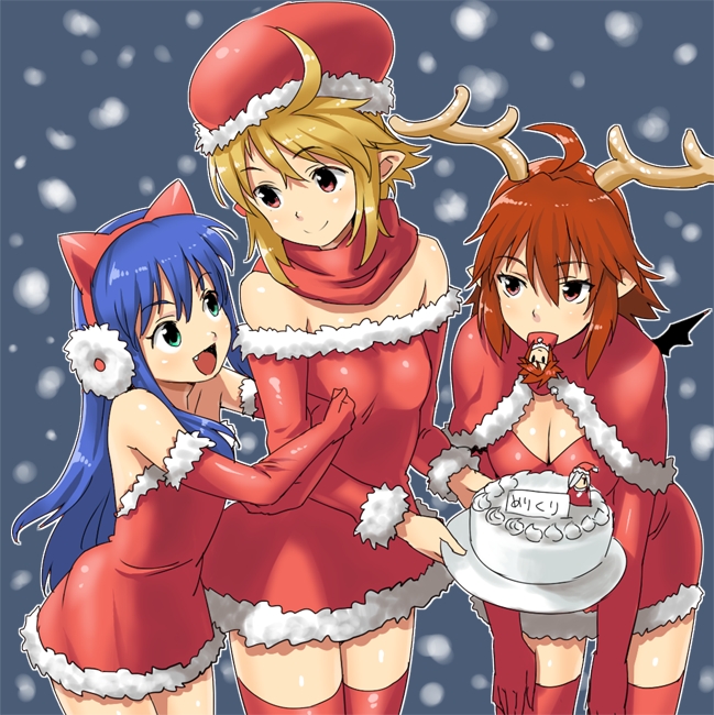 poporon, original, fur, red legwear, 3girls, ahoge, animal ears, antlers, bare shoulders, bat wings, blue hair, breasts, brown eyes, brown hair, cake, cat ears, christmas, cleavage, deergirl, dress, earmuffs, elbow gloves, fang, flat chest, food, gloves, green eyes, hat, holding, horns, leaning forward, long hair, medium breasts, mouth hold, multiple girls, pastry, red eyes, red gloves, red hair, santa costume, scarf, short dress, short hair, small breasts, smile, snow, thighhighs, tray, wings, zettai ryouiki