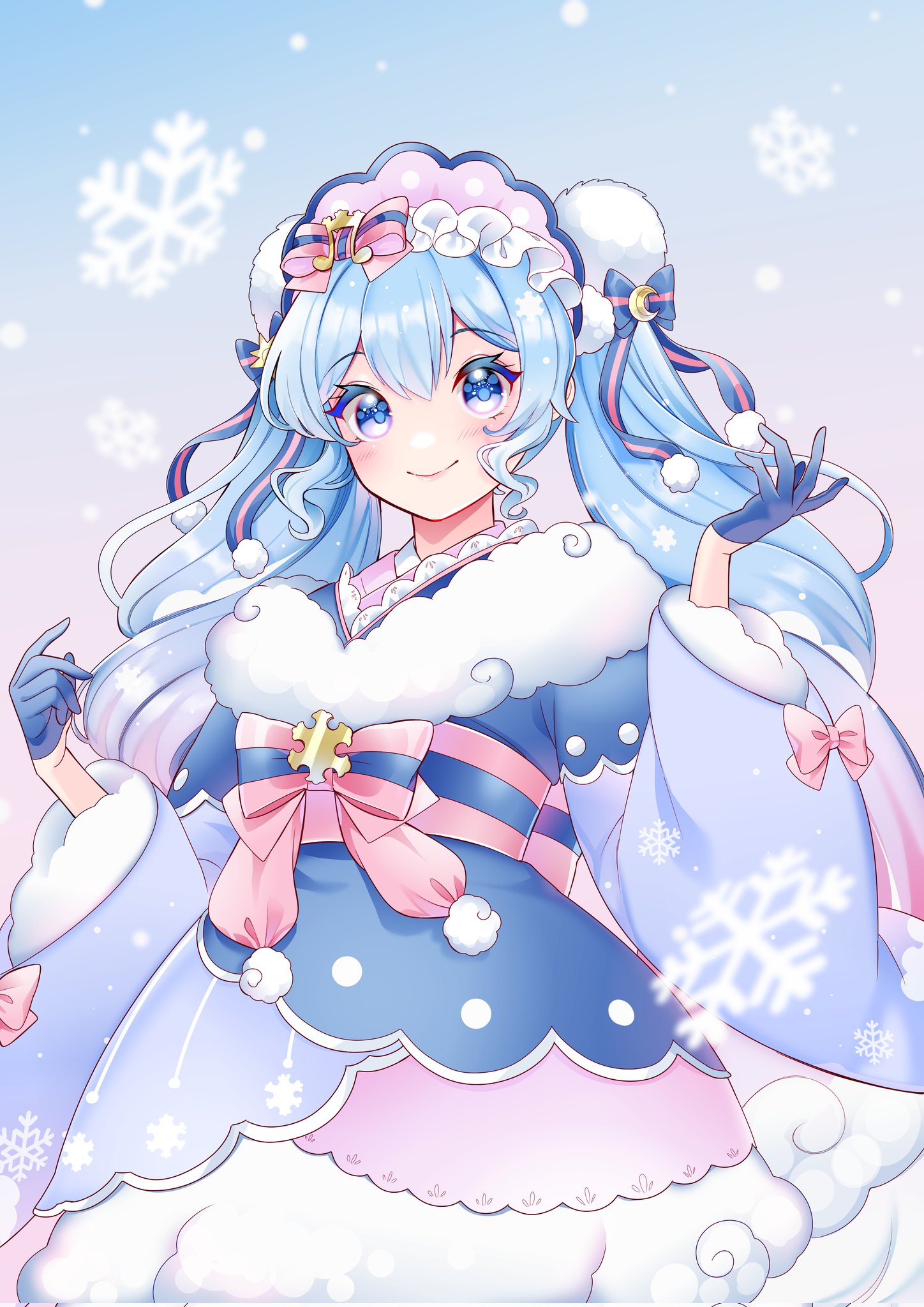 masumofu, hatsune miku, yuki miku, yuki miku (2023), vocaloid, commentary request, highres, 1girl, aqua hair, blue bonnet, blue eyes, blue gloves, blush, bonnet, bow, closed mouth, curly hair, dress, fur-trimmed sleeves, fur trim, giant brush, gloves, gradient legwear, hair between eyes, hair bow, hair ornament, half gloves, japanese clothes, kimono, layered dress, long hair, long sleeves, looking at viewer, multicolored hair, official alternate costume, official alternate hairstyle, pink bow, pink hair, pom pom (clothes), pom pom hair ornament, short dress, short kimono, smile, snowflake print, streaked hair, thighhighs, twintails, two-tone hair, very long hair, zettai ryouiki